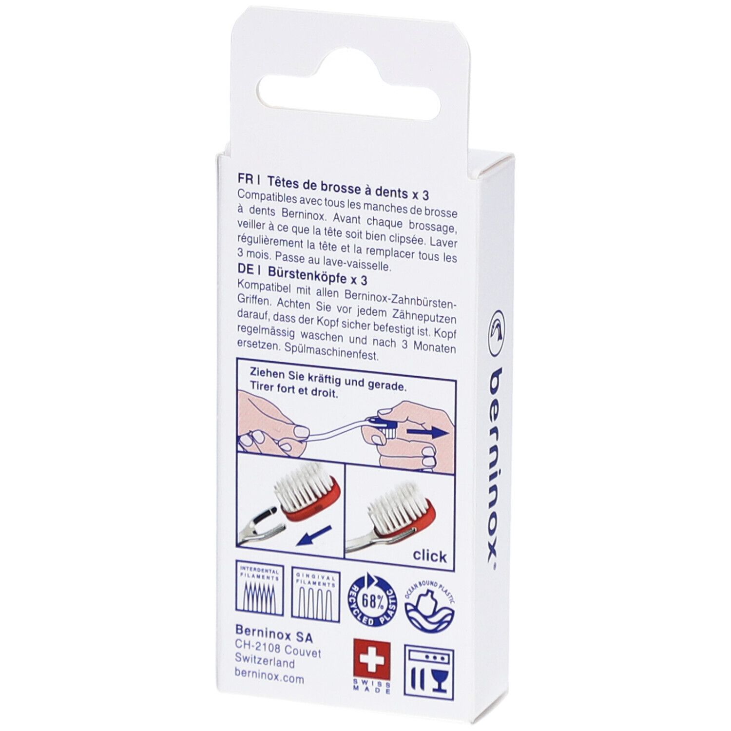 Rückseite der Verpackung mit Text in Deutsch, Französisch und Informationen zur Verwendung. Marke: berninox.