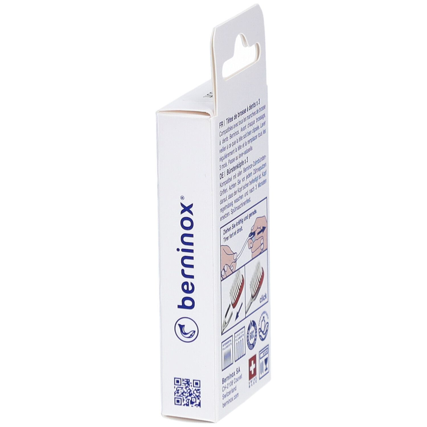 Seite der Verpackung mit berninox-Logo, QR-Code und Schweizer Kreuz. Aufhängevorrichtung.