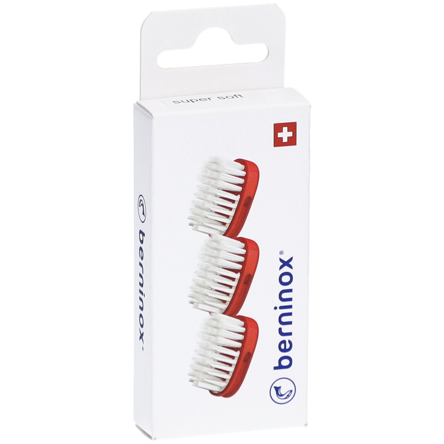 Drei Ersatz-Bürstenköpfe, rot und weiß, in weißer Verpackung mit Schweizer Kreuz. Marke: berninox.