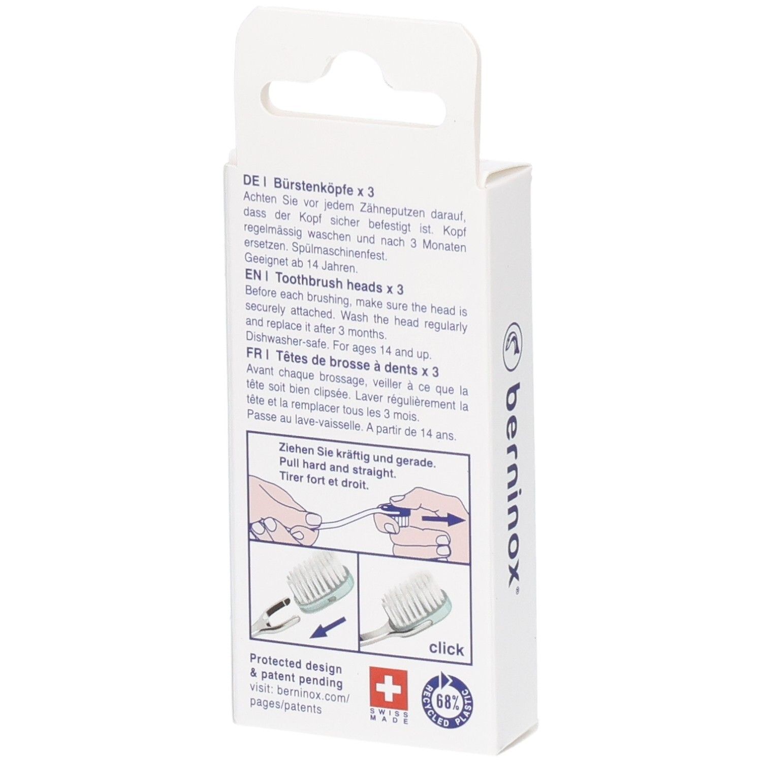 Rückseite der Verpackung mit Informationen. Illustrationen zur Verwendung. Marke: berninox. Schweizer Kreuz.
