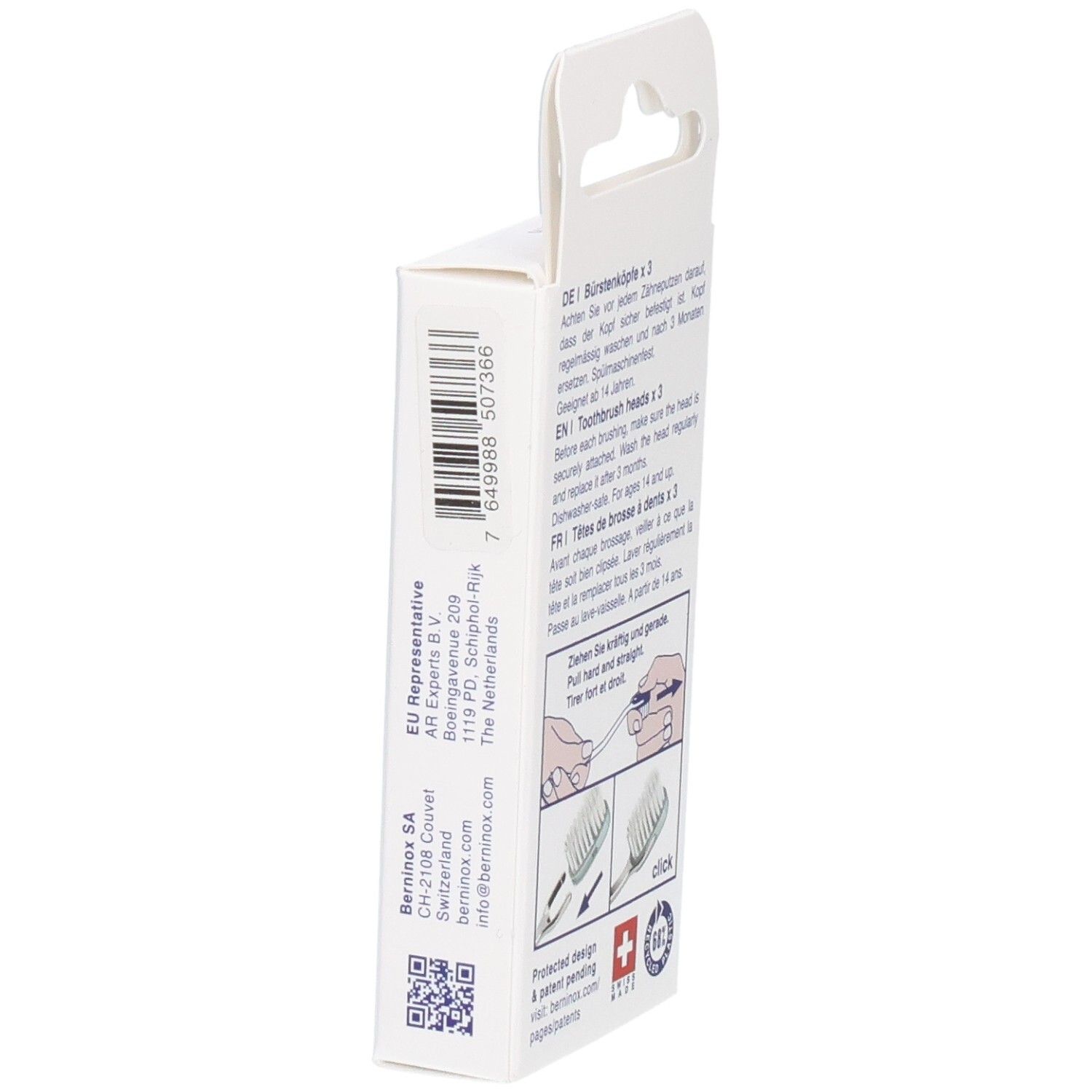 Seitenansicht der Verpackung mit Informationen. Marke: berninox. Schweizer Kreuz. QR-Code.