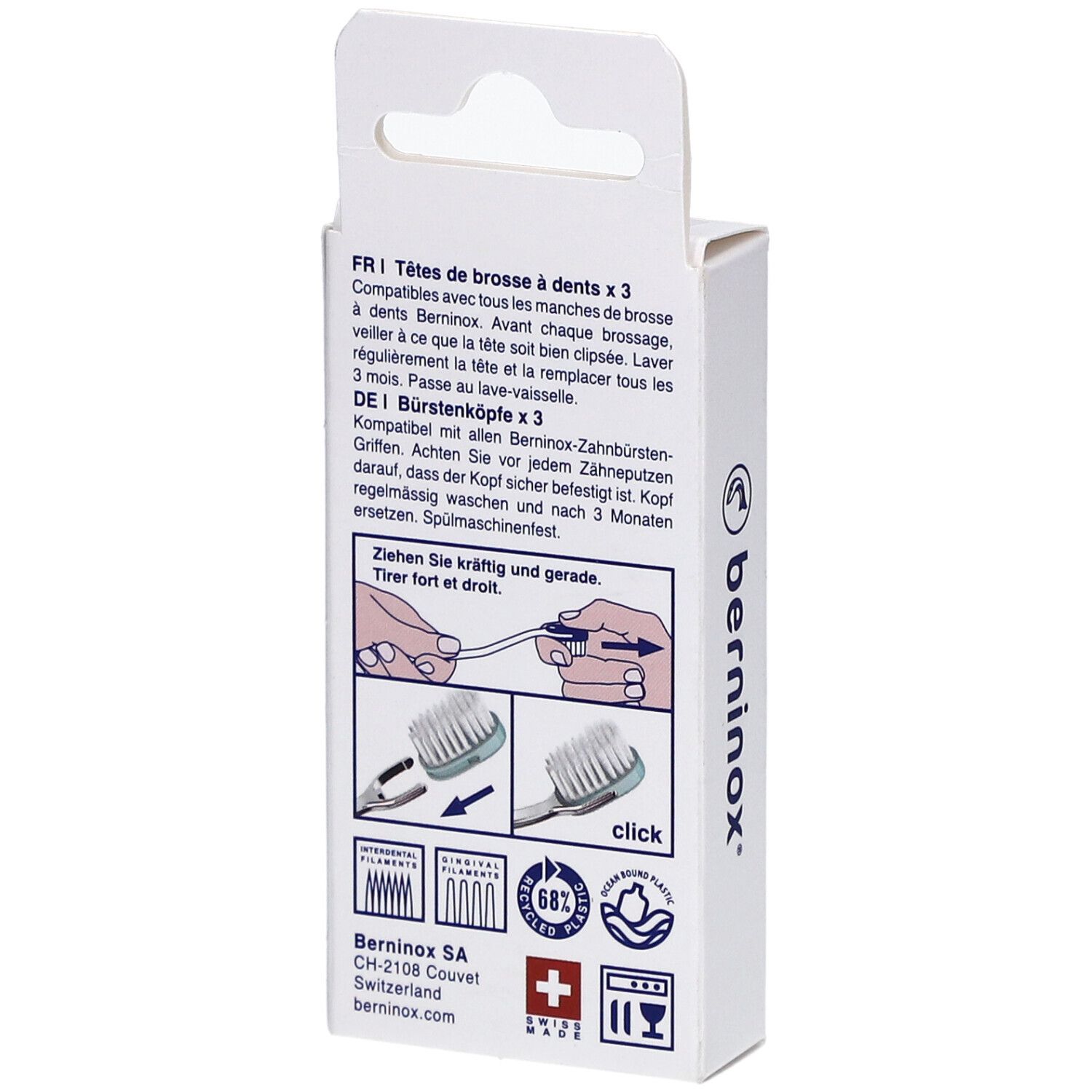 Rückseite der Verpackung mit Text und Illustrationen. Logo von Berninox und Schweizer Kreuz.