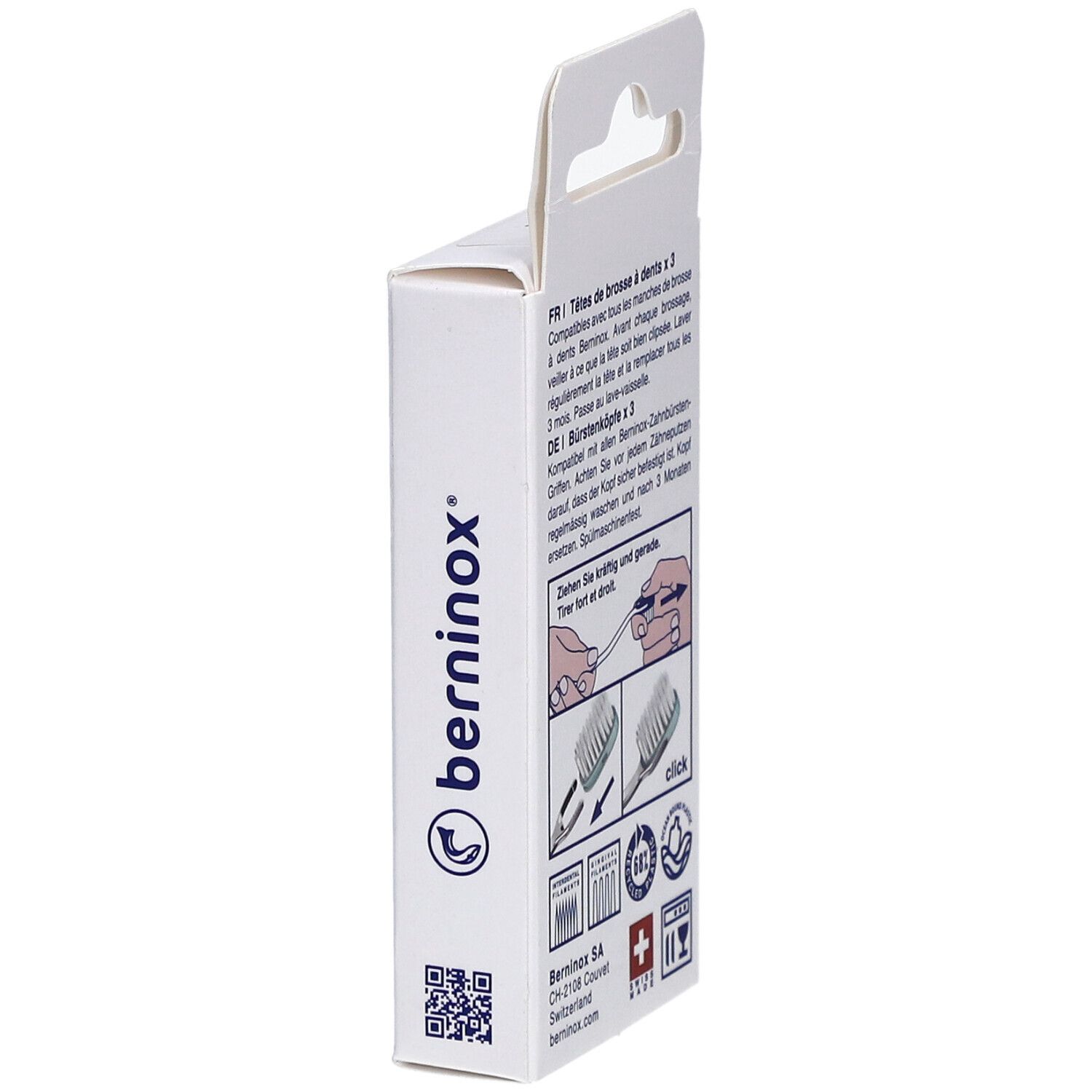 Seitenansicht der Verpackung mit Text und Logo von Berninox. Schweizer Kreuz.