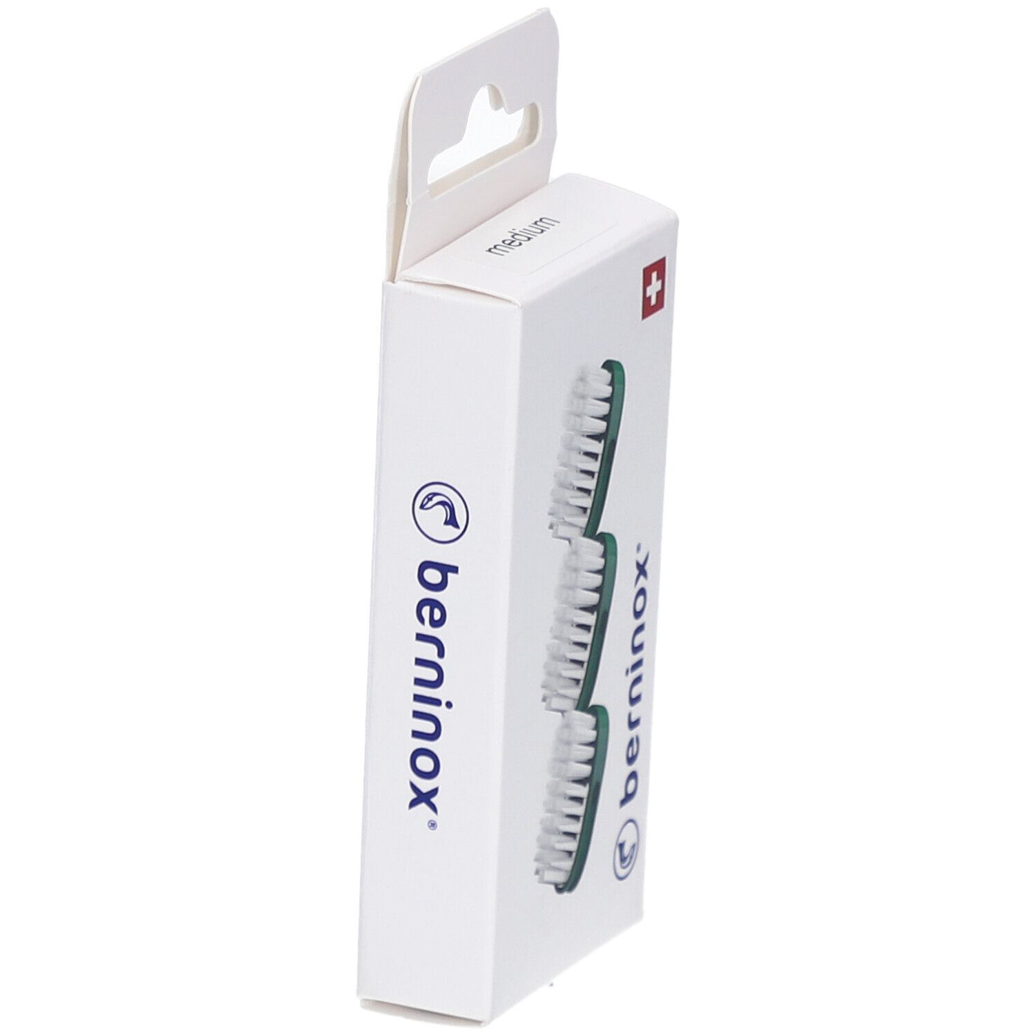 Verpackung mit drei Ersatz-Bürstenköpfen. Marke BERNINOX® auf der Seite. Schweizer Kreuz.