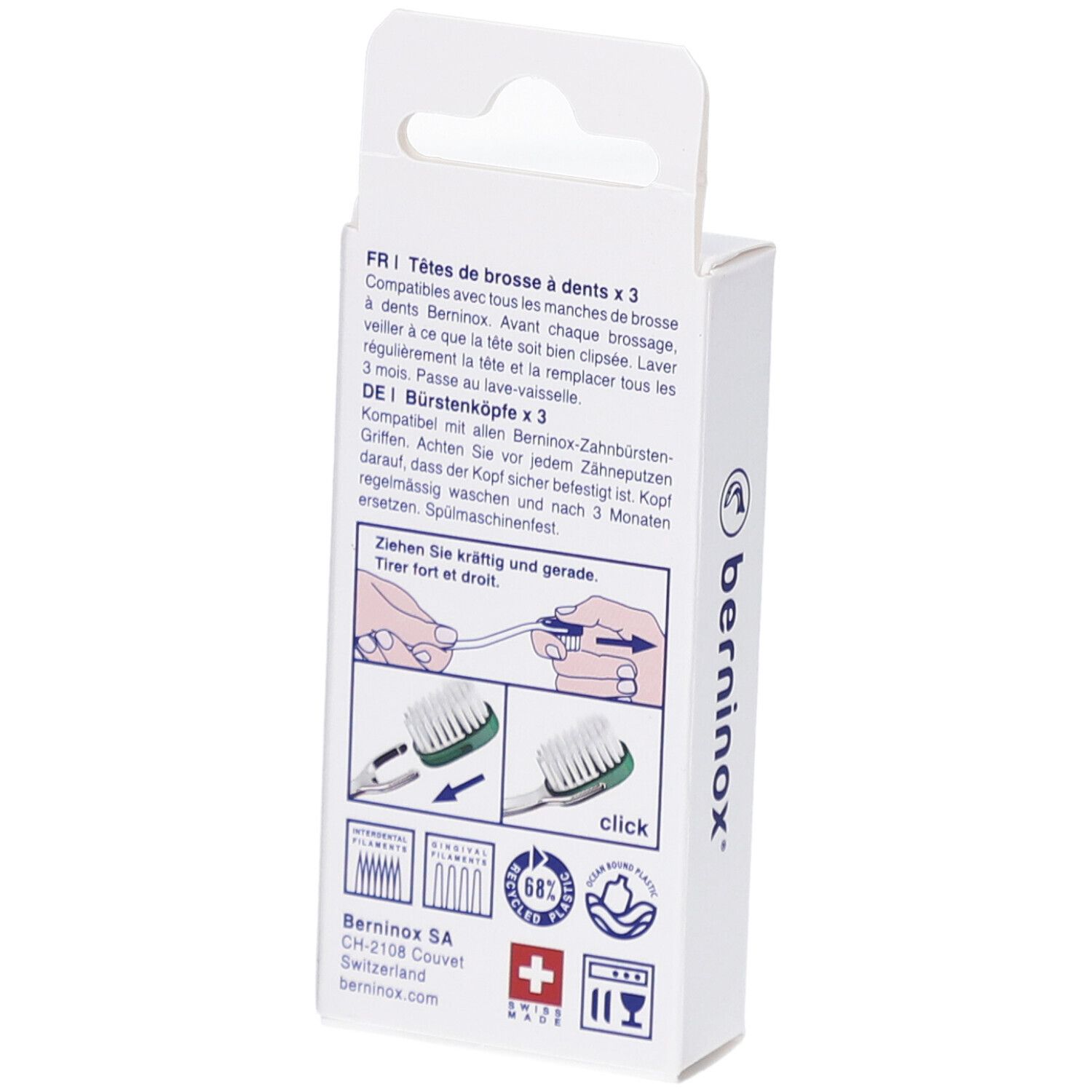 Rückseite der Verpackung mit Produktinformationen. Illustrationen und Text in Deutsch und Französisch. Marke BERNINOX®.