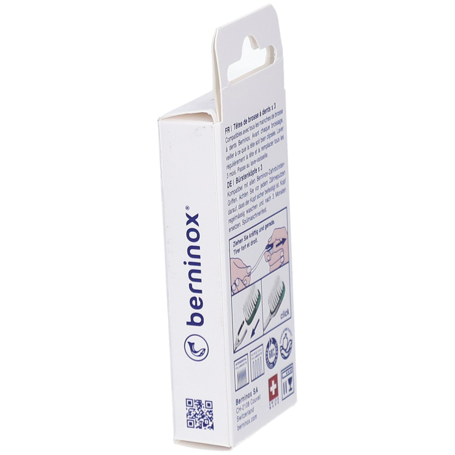 Seite der Verpackung mit Produktinformationen. Marke BERNINOX® und QR-Code. Schweizer Kreuz.