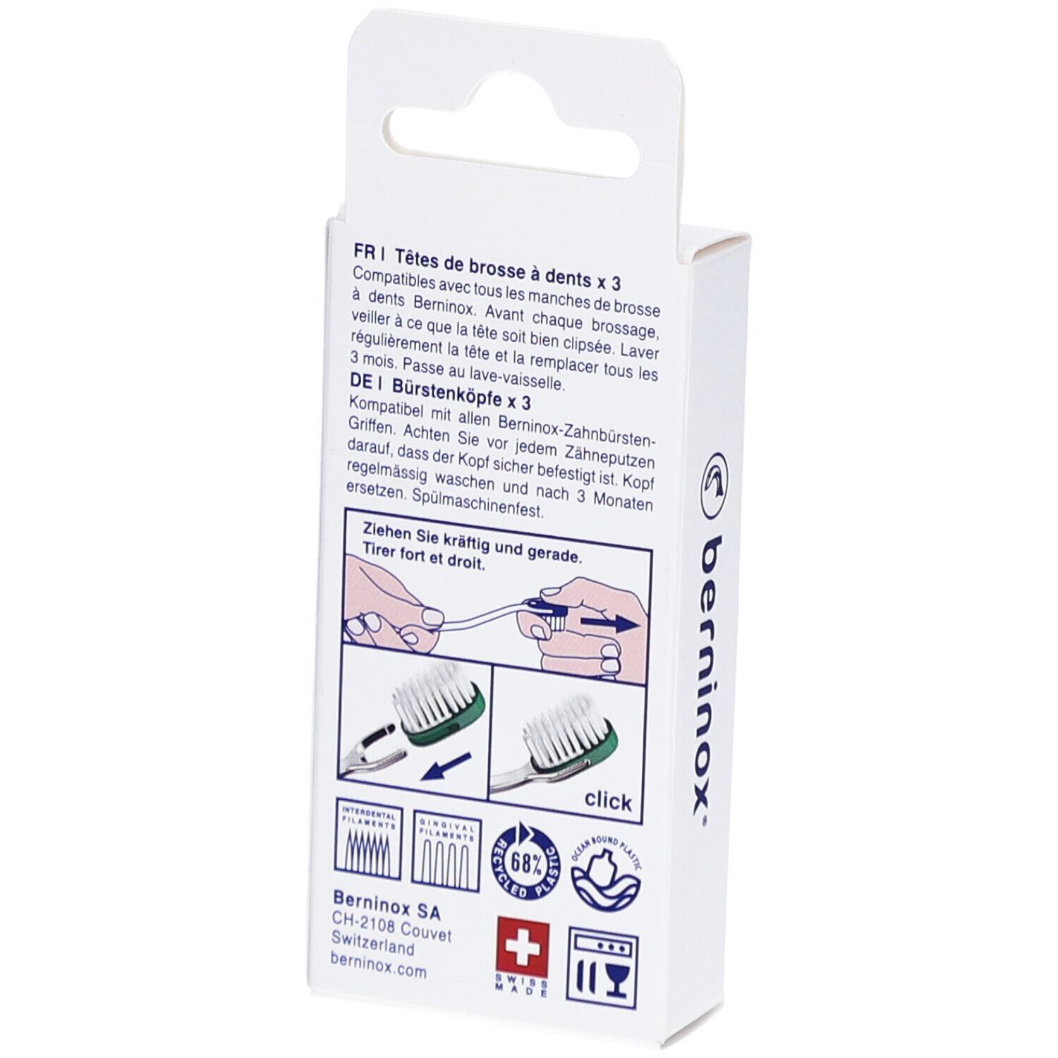 Rückseite der Verpackung mit Produktinformationen. Illustrationen und Text in mehreren Sprachen.