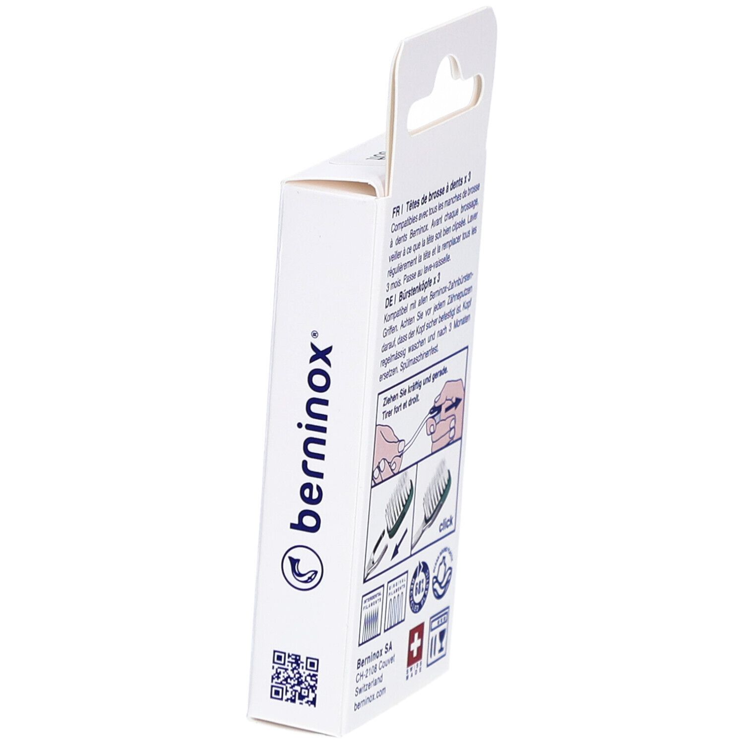 Rückseite der Verpackung. Marke: berninox, Schweizer Kreuz, Piktogramme, QR-Code.
