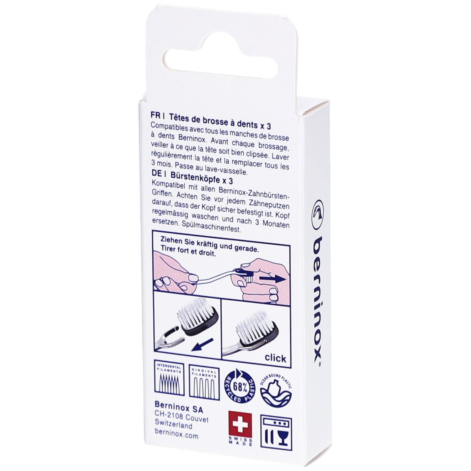 Rückseite der Verpackung mit Produktinformationen. Marke Berninox, Anweisungen, Schweizer Kreuz.