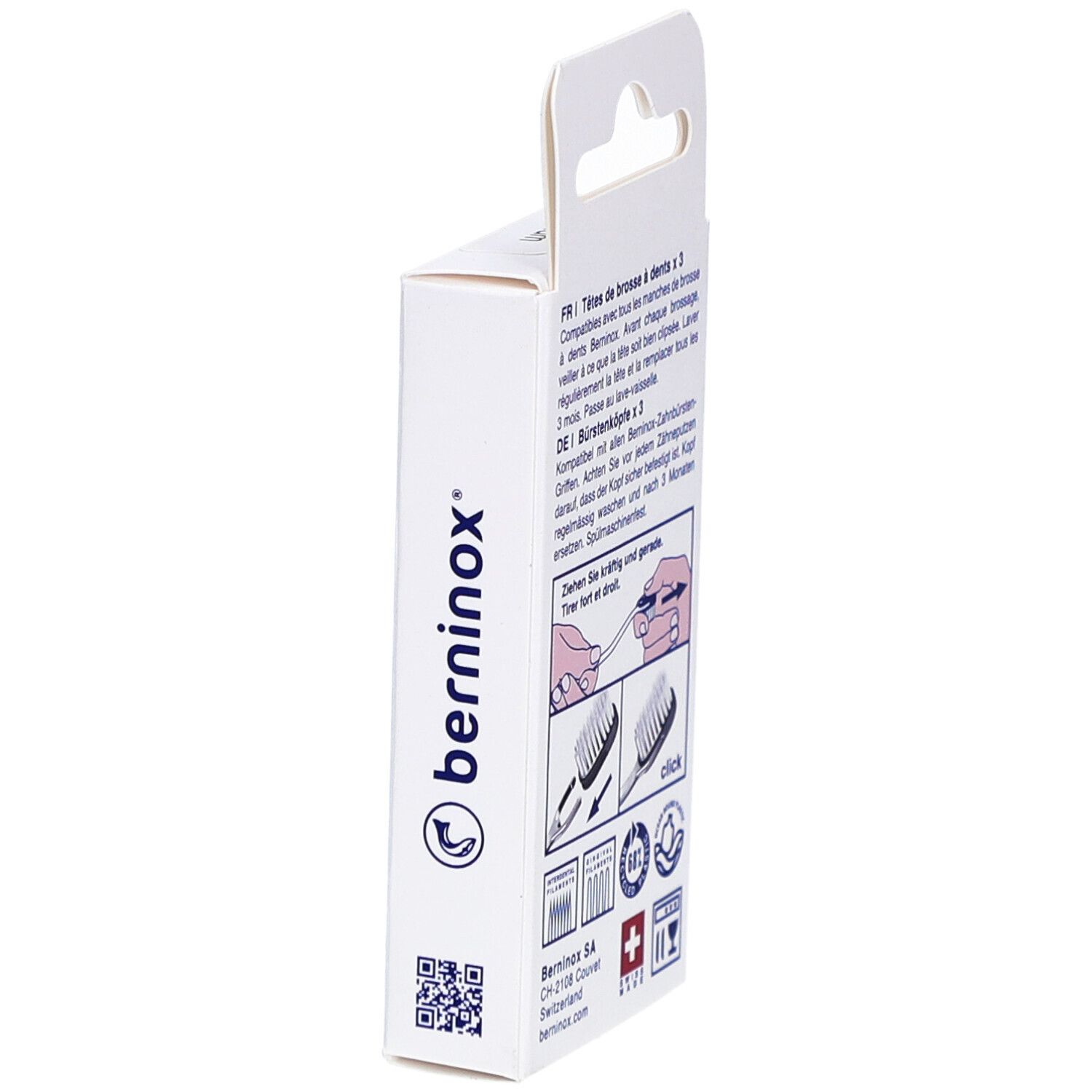Seitenansicht der Verpackung mit Produktinformationen. Marke Berninox, Schweizer Kreuz.