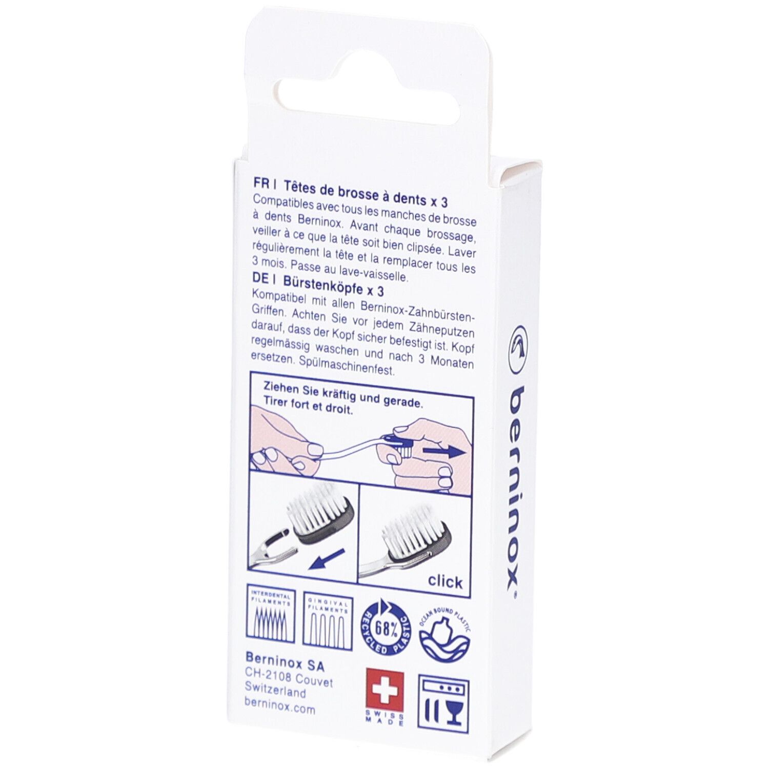 Rückseite der Verpackung mit Produktinformationen und Anweisungen. Schweizer Kreuz und Logo.