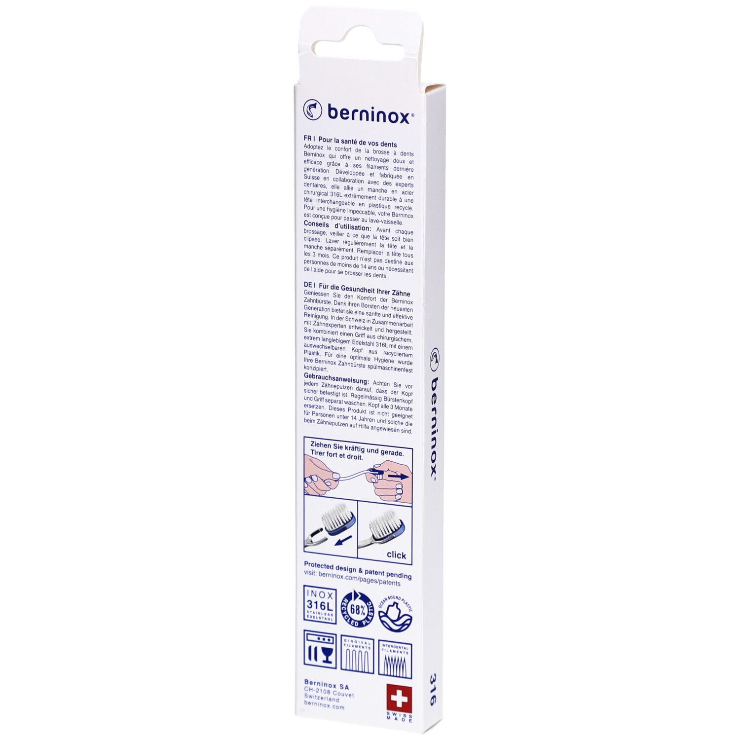 Rückseite der Verpackung. Text in Deutsch, Französisch, Anweisungen und Logos.