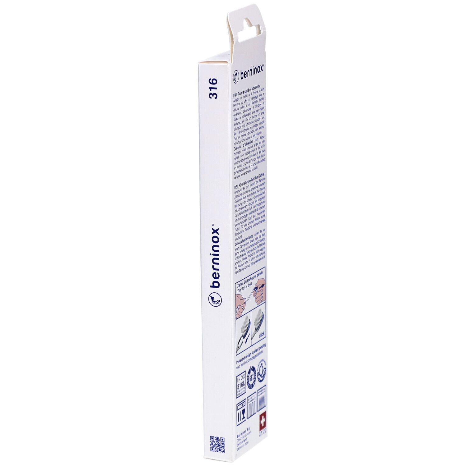 Rückseite der Verpackung. Text in Deutsch, Französisch, Anweisungen und Logos.