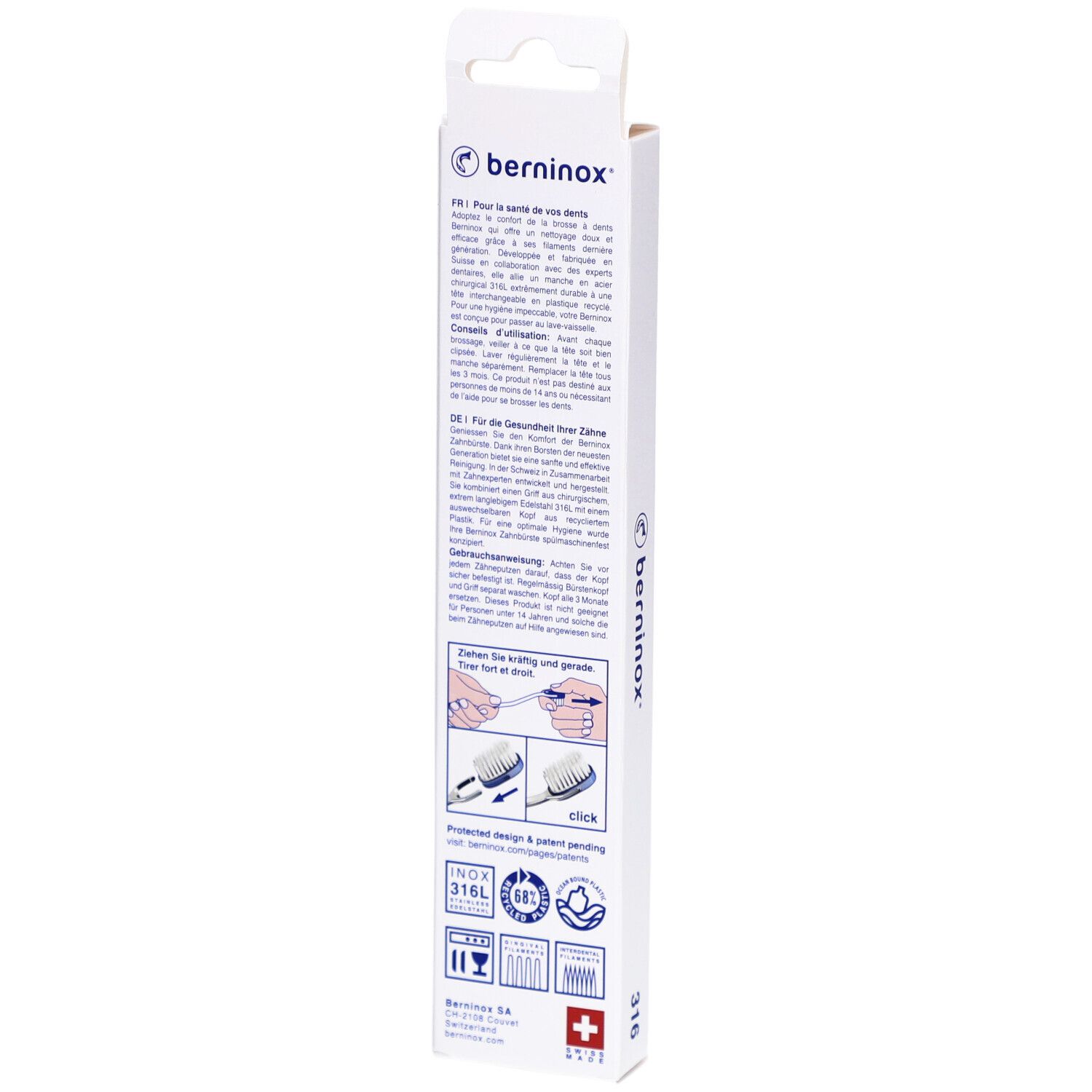 Rückseite der Zahnbürstenverpackung. Text in mehreren Sprachen, Produktinformationen, Logos und Illustrationen.