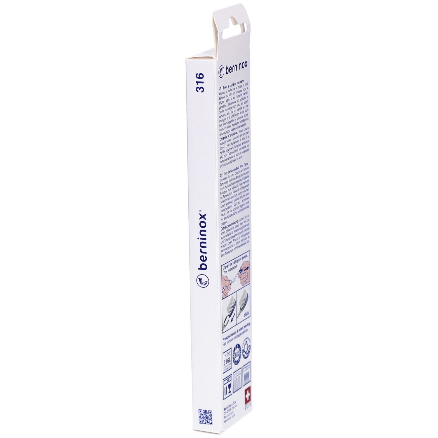 Seitenansicht der Zahnbürstenverpackung. Text, Logos und Produktinformationen. Schlanke, längliche Form.