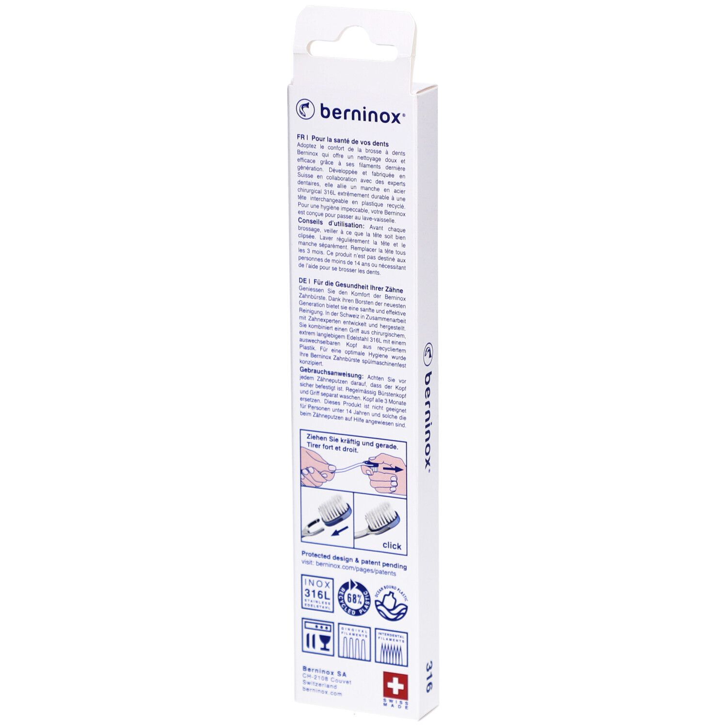 Rückseite der Zahnbürstenverpackung. Text in mehreren Sprachen, Produktname, Schweizer Kreuz und Illustrationen.