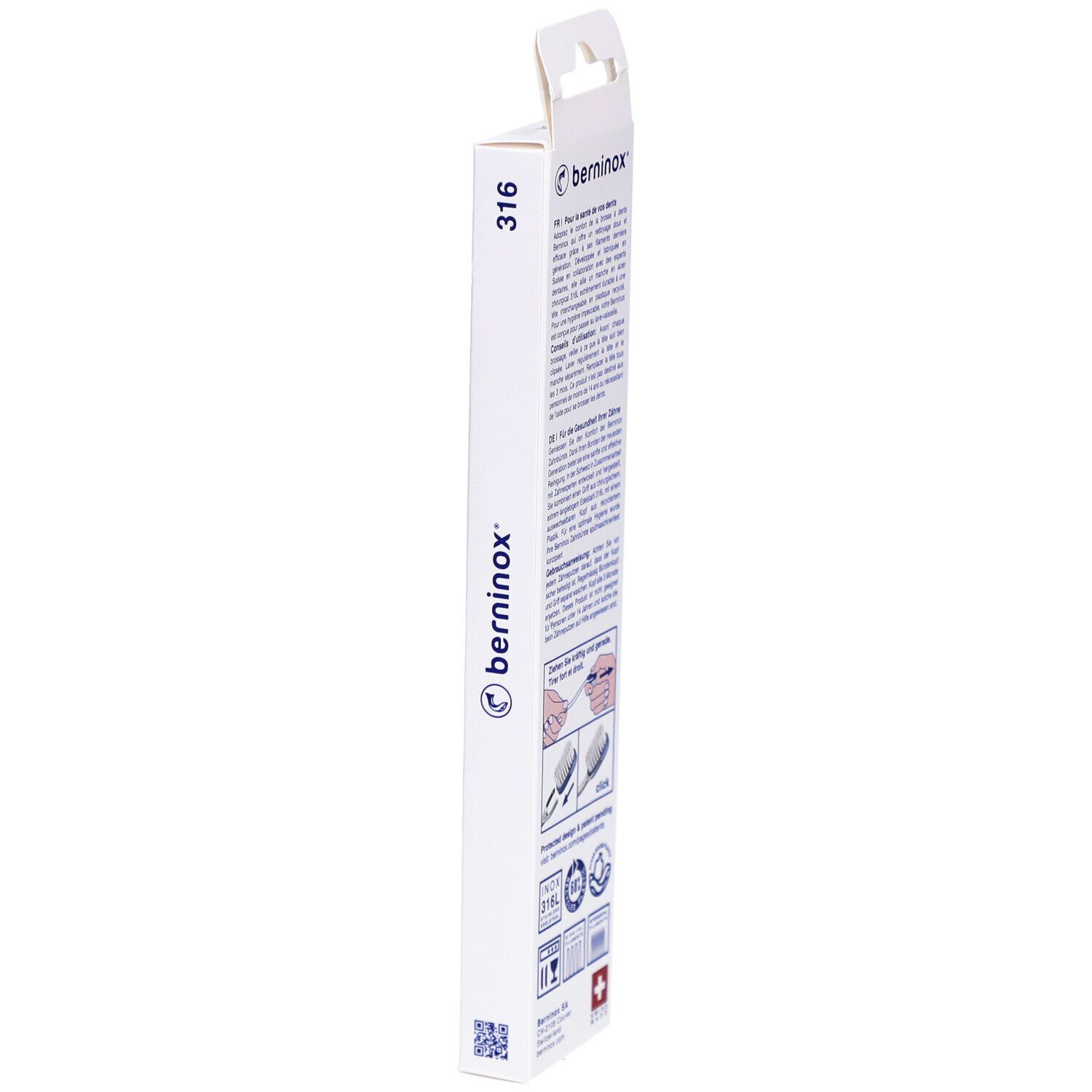 Seitenansicht der Zahnbürstenverpackung. Text in mehreren Sprachen, Produktname, Schweizer Kreuz und Illustrationen.
