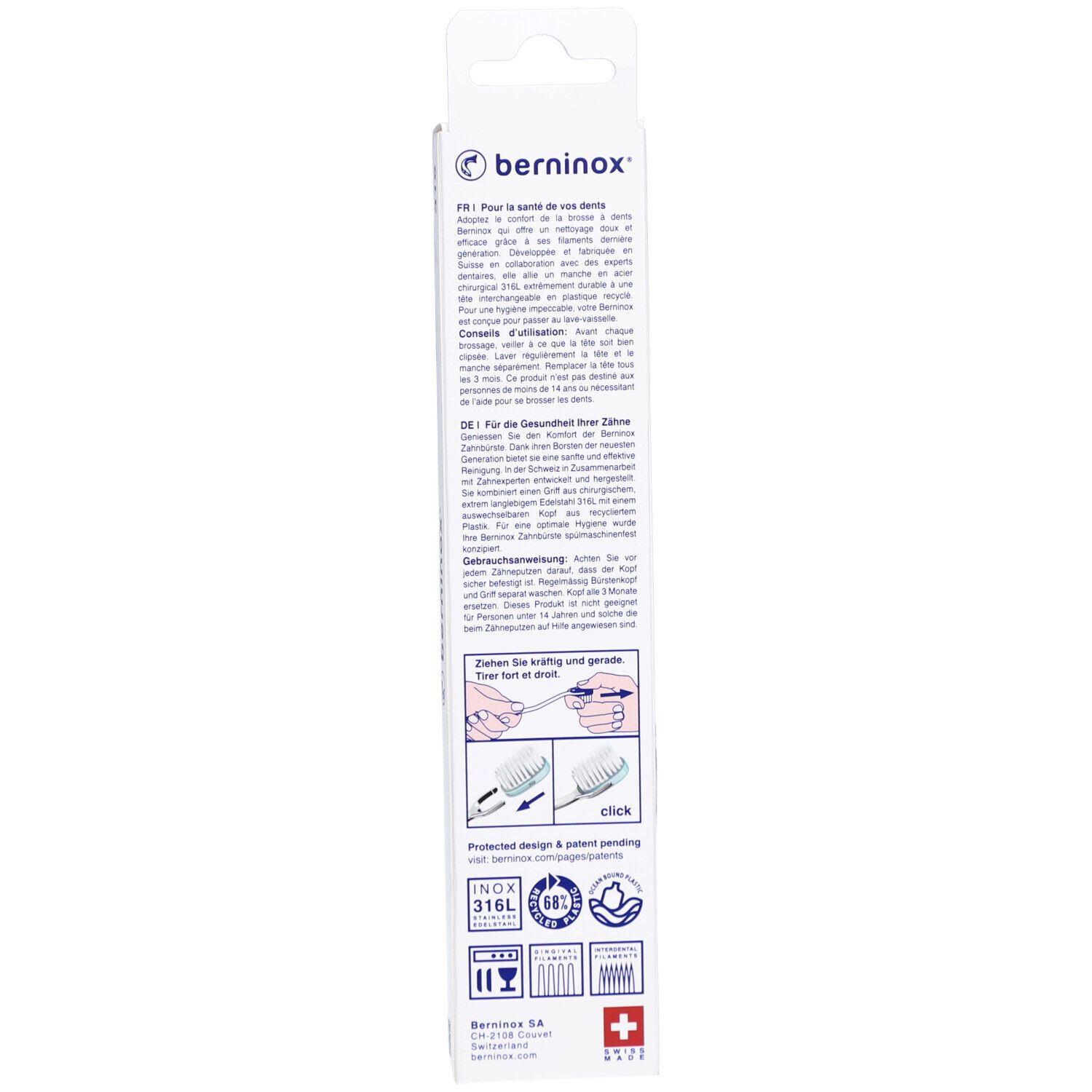 Rückseite der Verpackung. Text, Illustrationen, Logos. Schweizer Kreuz. Marke Berninox.