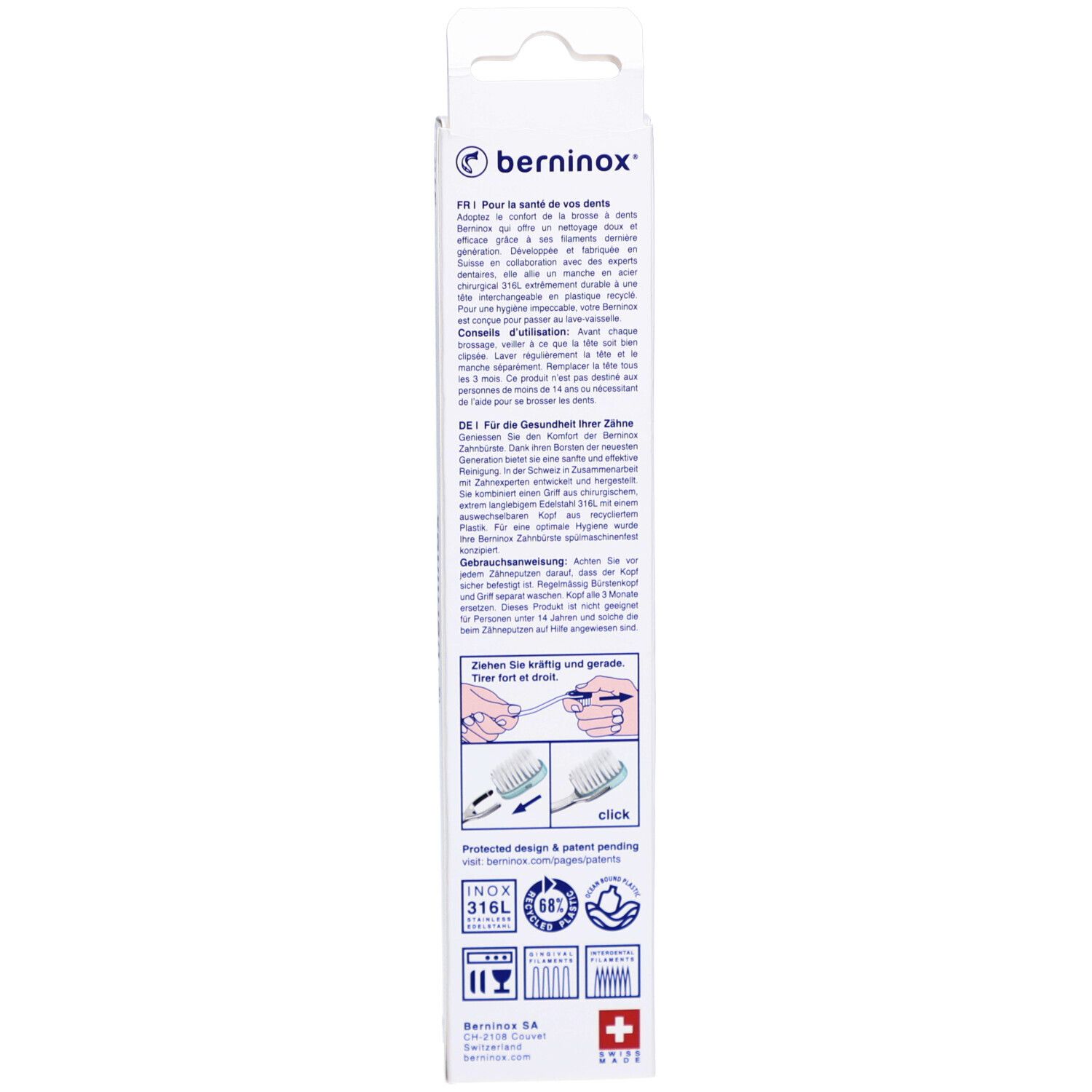 Rückseite der Verpackung. Text und Illustrationen. Logo Berninox. Qualitätszeichen und Schweizer Kreuz.