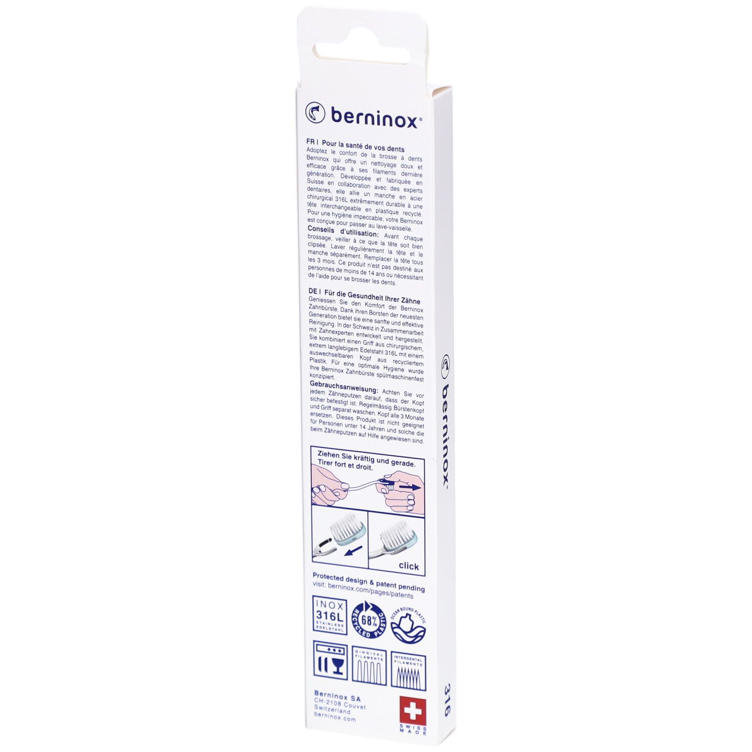 Rückseite der Verpackung. Text in Deutsch und Französisch. Abbildungen zur Anwendung. Marke Berninox, Logo, Schweizer Kreuz.