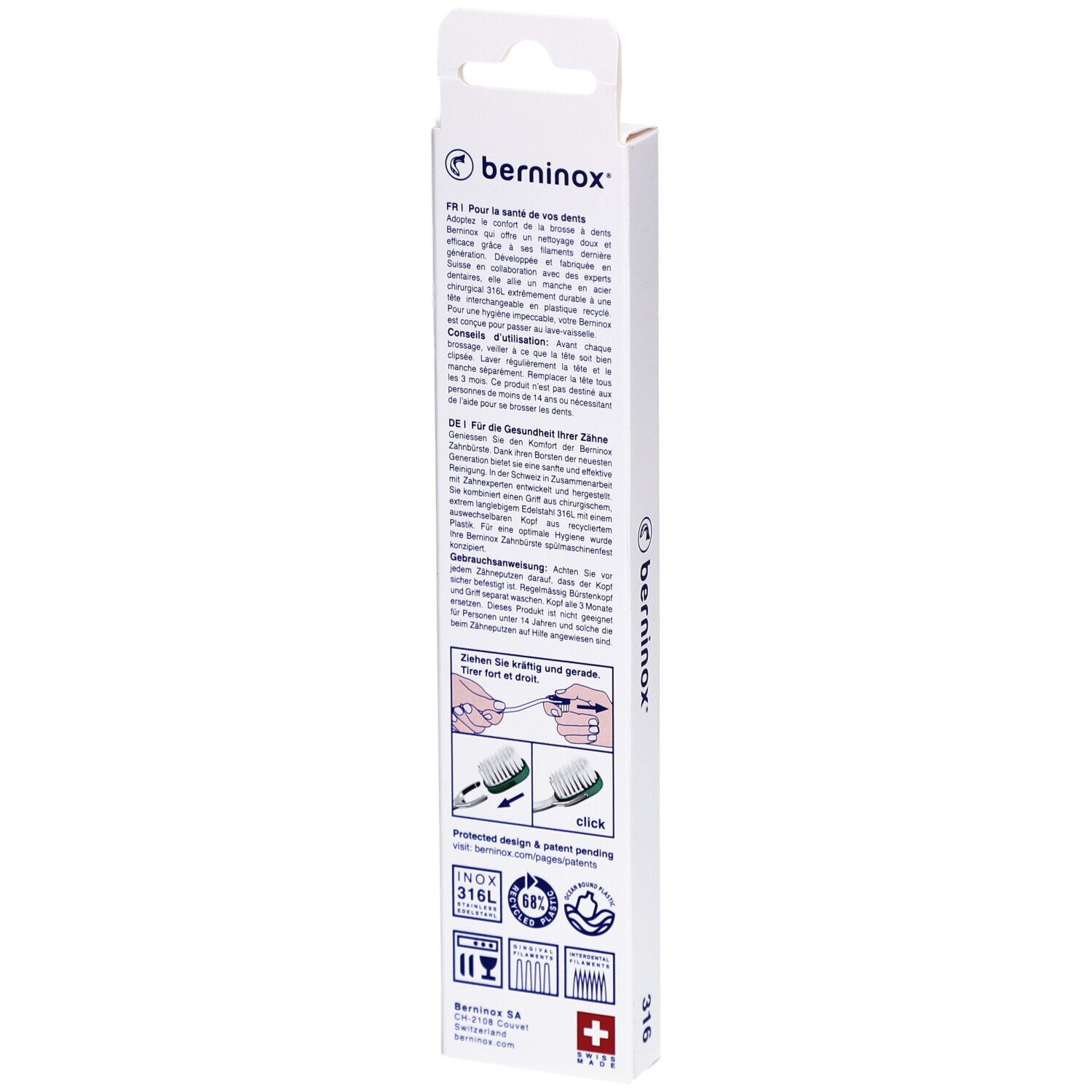Rückseite der Verpackung. Text in mehreren Sprachen. Abbildungen. Marke Berninox. Schweizer Kreuz.