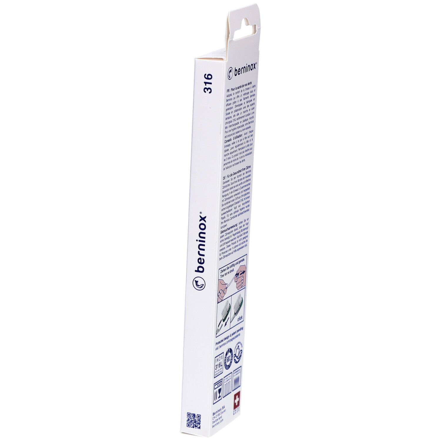 Verpackung mit Text und Logo. Marke Berninox. Schweizer Kreuz. Produktname 316.