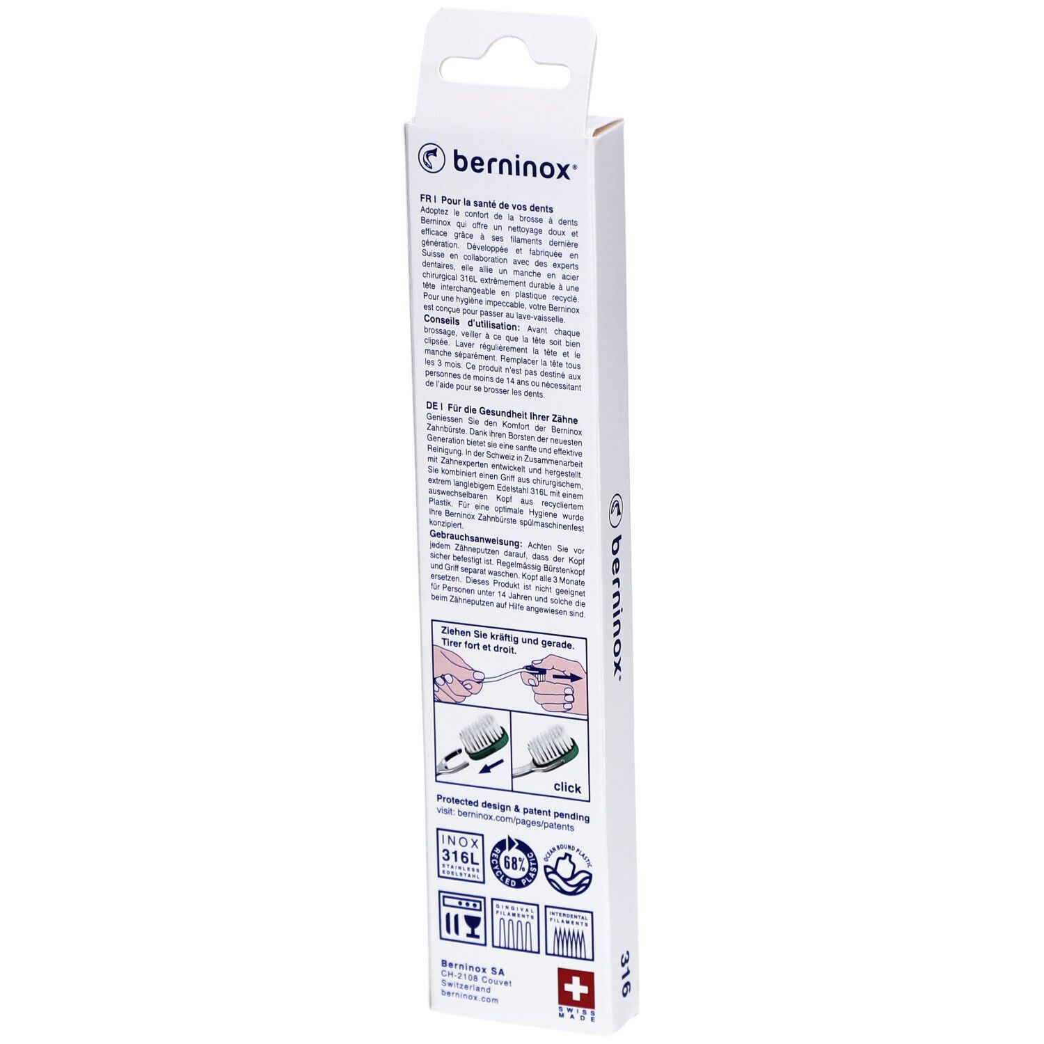 Rückseite der Zahnbürstenverpackung. Text in Deutsch und Französisch. Logo, Schweizer Kreuz, und Informationen zum Produkt.