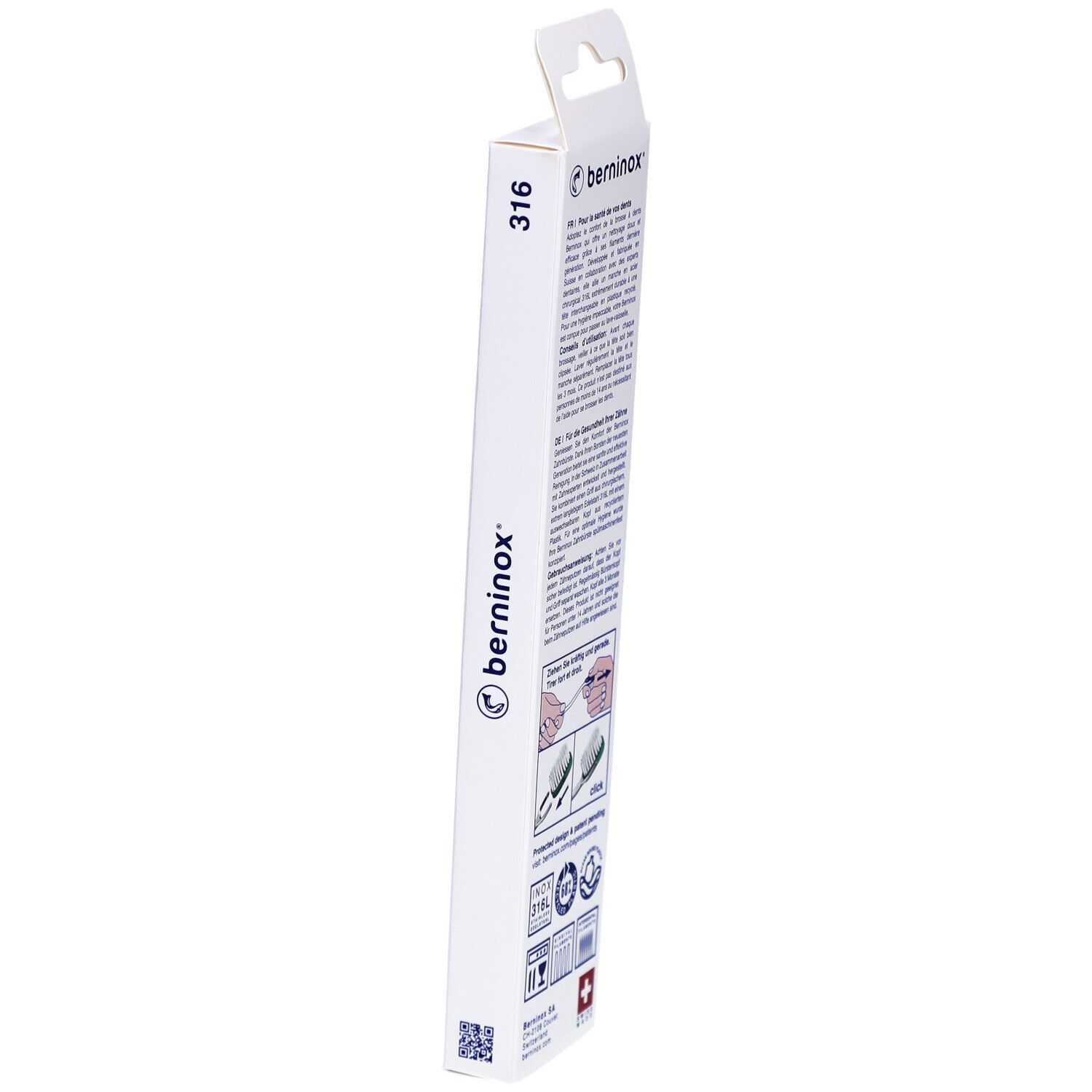 Seitenansicht der Zahnbürstenverpackung. Text und Logo. Schweizer Kreuz. Produktinformationen.