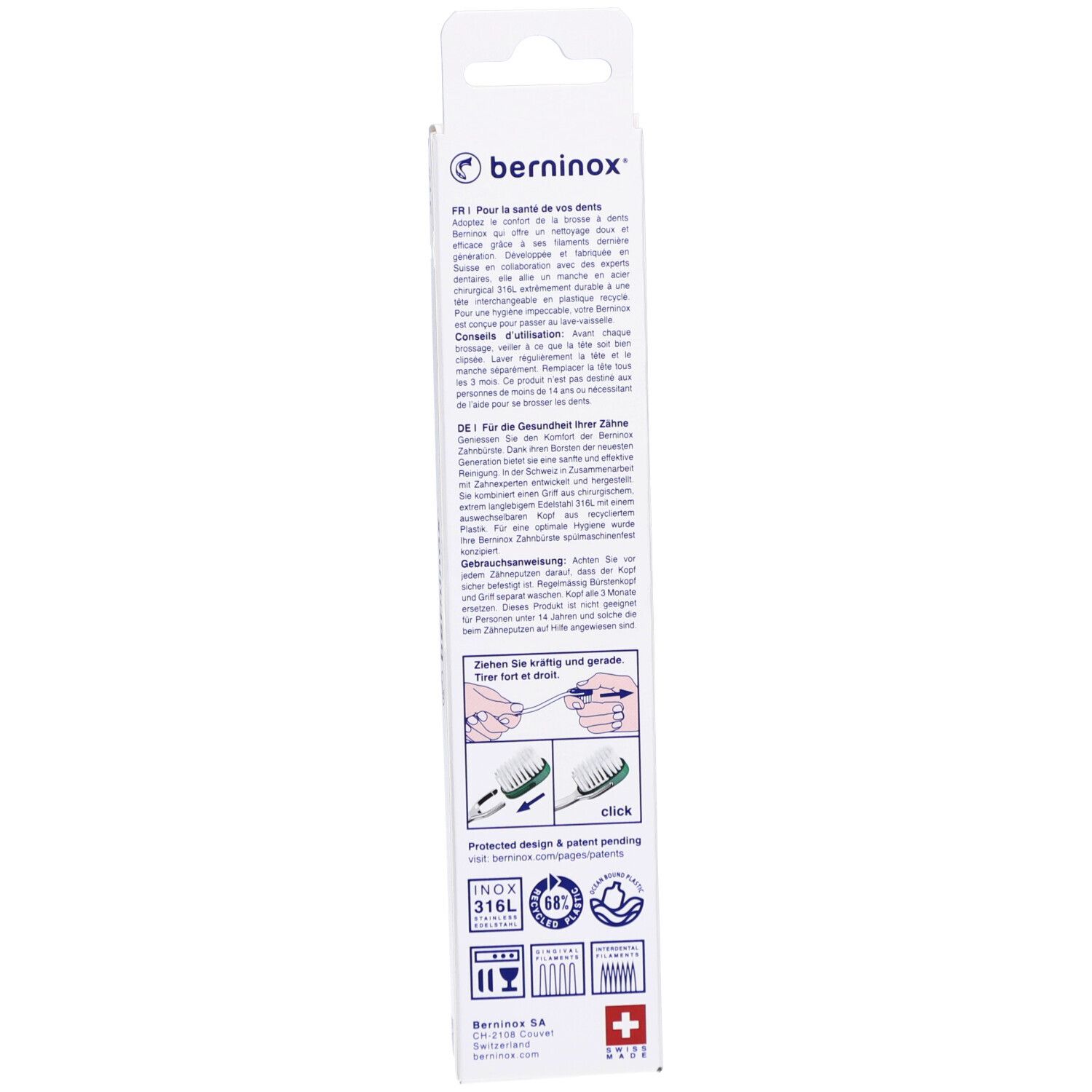 Rückseite der Verpackung. Text in Deutsch, Französisch und Englisch. Illustrationen und Logos. Schweizer Kreuz.