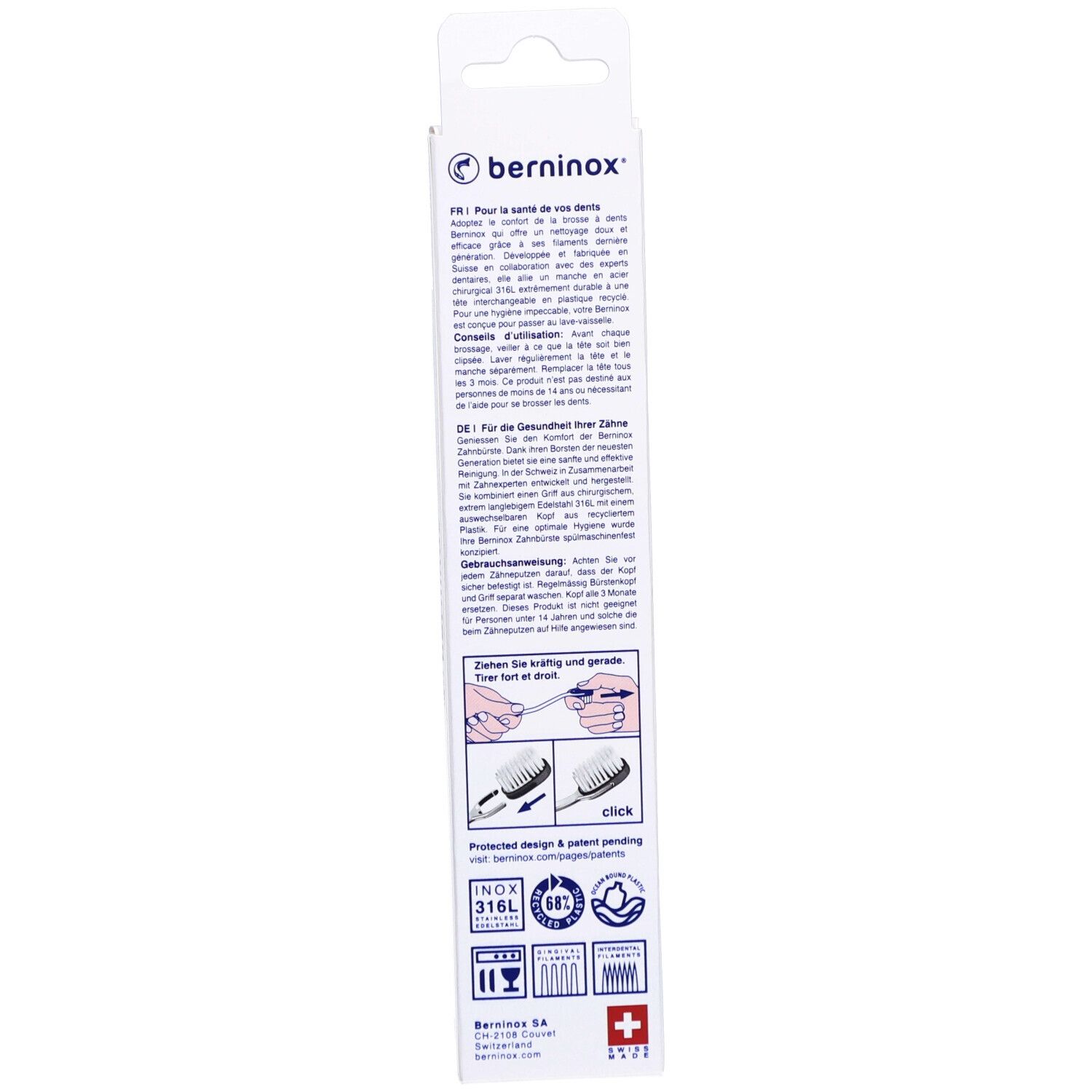 Rückseite der Verpackung. Text in Deutsch, Illustrationen, Logos und das Schweizer Kreuz. Marke Berninox.
