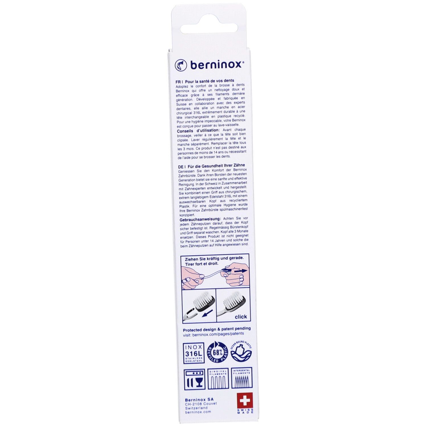 Rückseite der Verpackung. Text, Illustrationen und Logos. "berninox" Logo, Schweizer Kreuz, Qualitätszeichen.