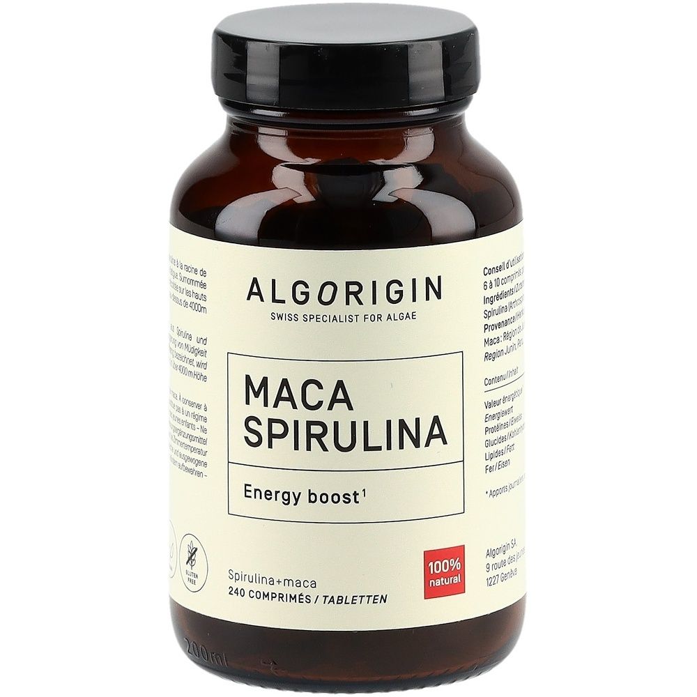 Flacon en verre brun avec couvercle noir. Étiquette : MACA SPIRULINA, Energy boost, 100% naturel. 240 comprimés.