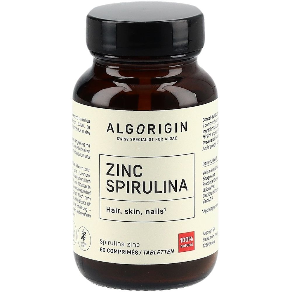 Flacon en verre brun avec bouchon noir. Inscription: Zinc Spiruline, 100% naturel. 60 comprimés.