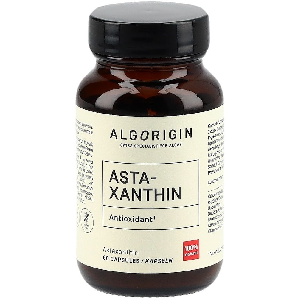 Braune Glasflasche mit schwarzem Deckel. Auf dem Etikett steht "ALGORIGIN ASTA-XANTHIN Antioxidant". 60 Kapseln, 100% natürlich.