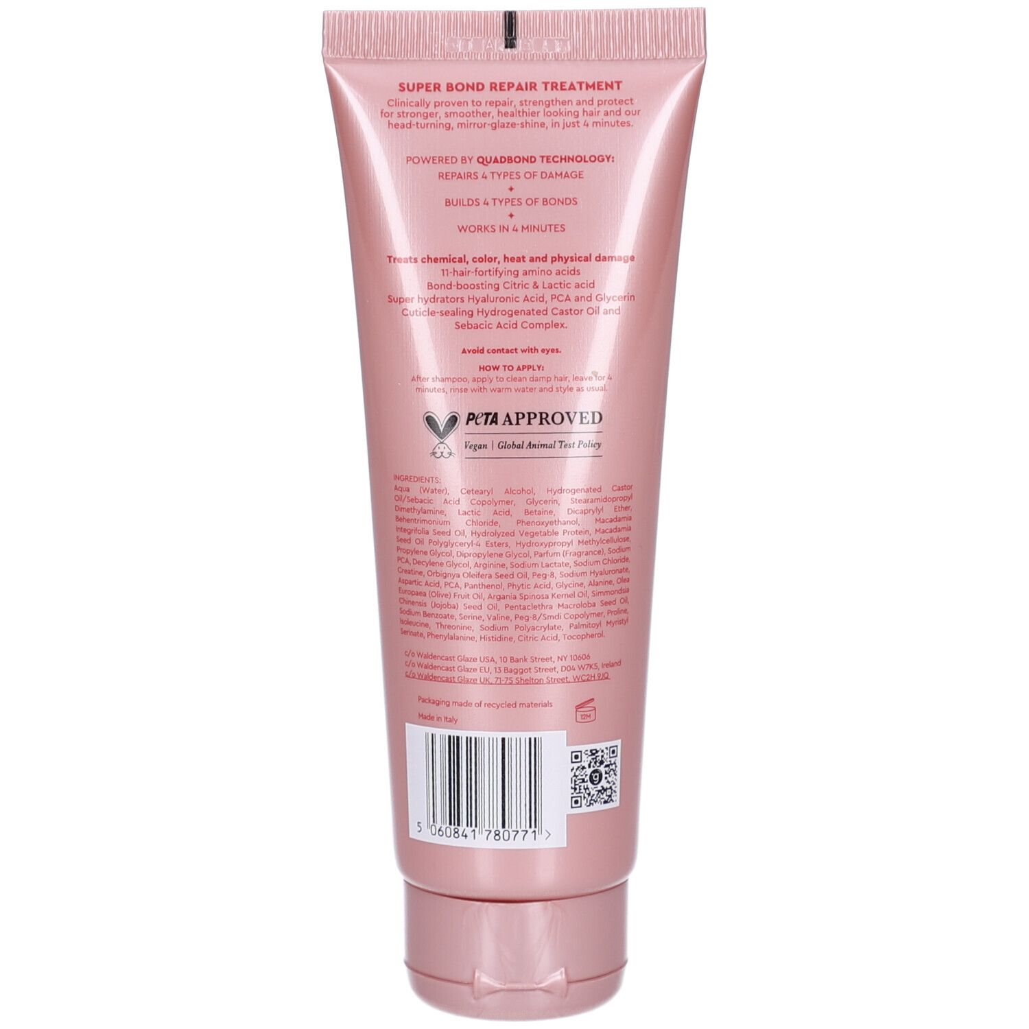 Rückseite der Tube. Text: "SUPER BOND REPAIR TREATMENT". Inhaltsstoffe, Anwendungshinweise, PETA-Logo.