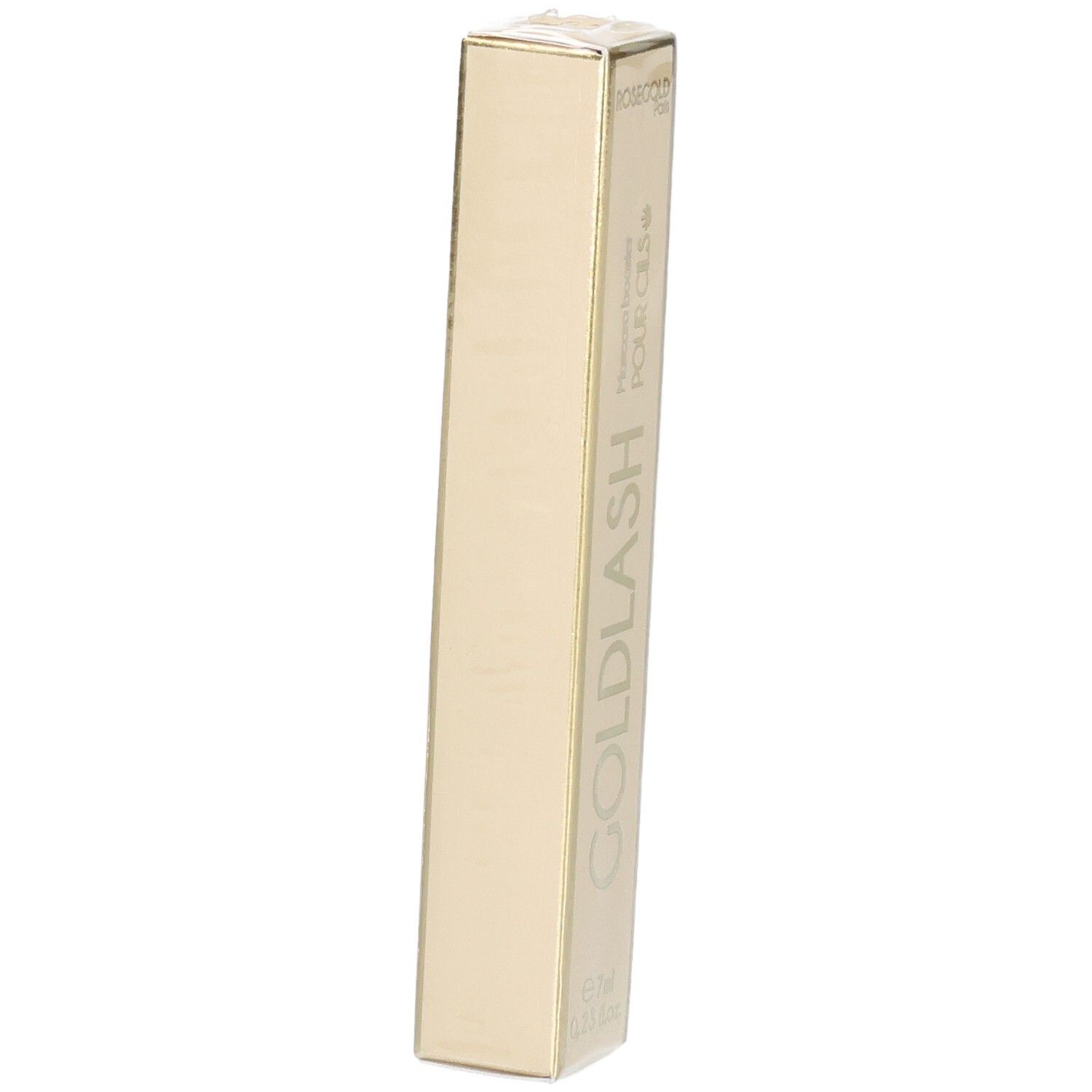 Goldlash Mascara-Booster-Verpackung. Beige-goldene rechteckige Schachtel. Produktname und Logo.
