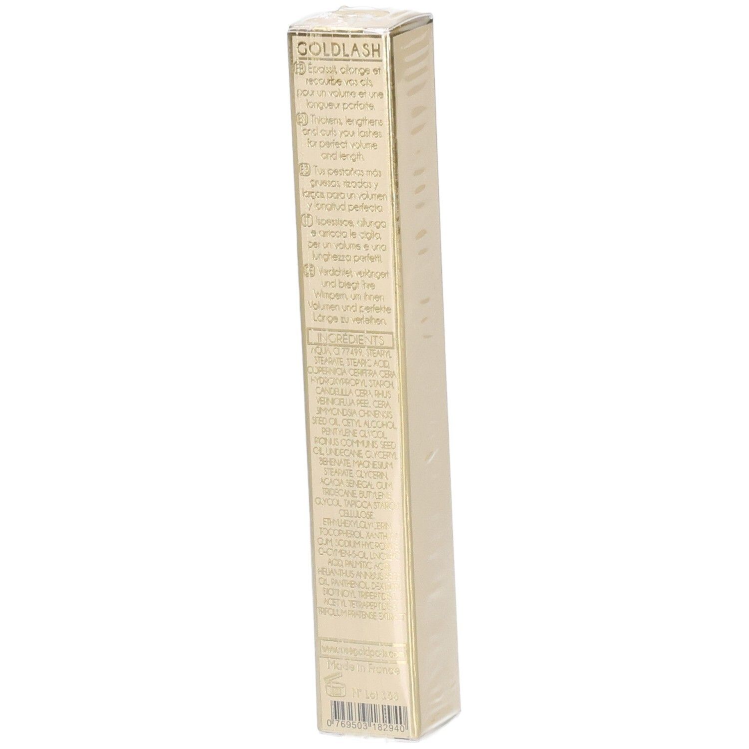Goldlash Mascara-Booster-Verpackung. Rückseite mit Text in mehreren Sprachen. Beige-goldene rechteckige Schachtel.