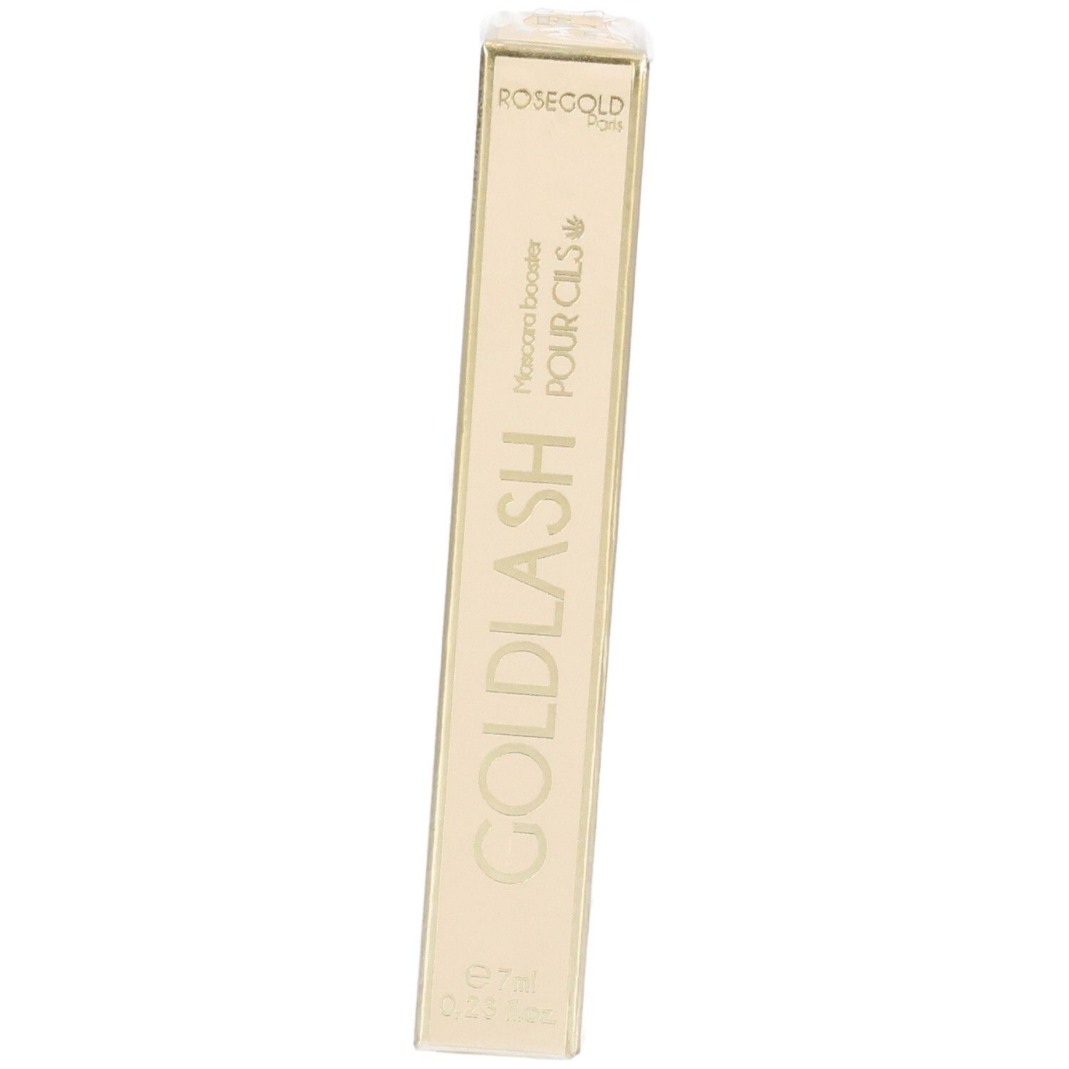Goldlash Mascara-Booster-Verpackung. Beige-goldene rechteckige Schachtel mit Produktnamen und Logo. 7ml.