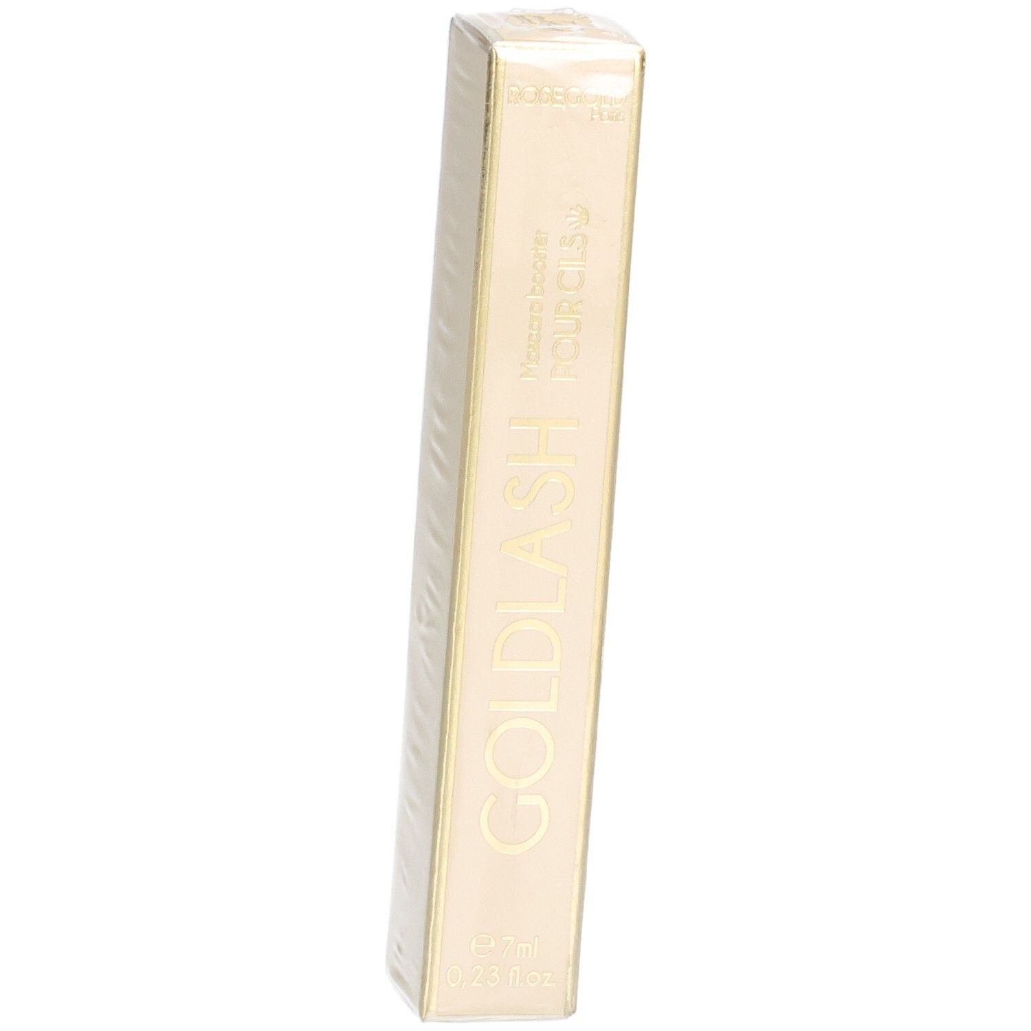 Goldlash Mascara-Booster-Verpackung. Beige-goldene rechteckige Schachtel mit Produktnamen und Logo. 7ml.