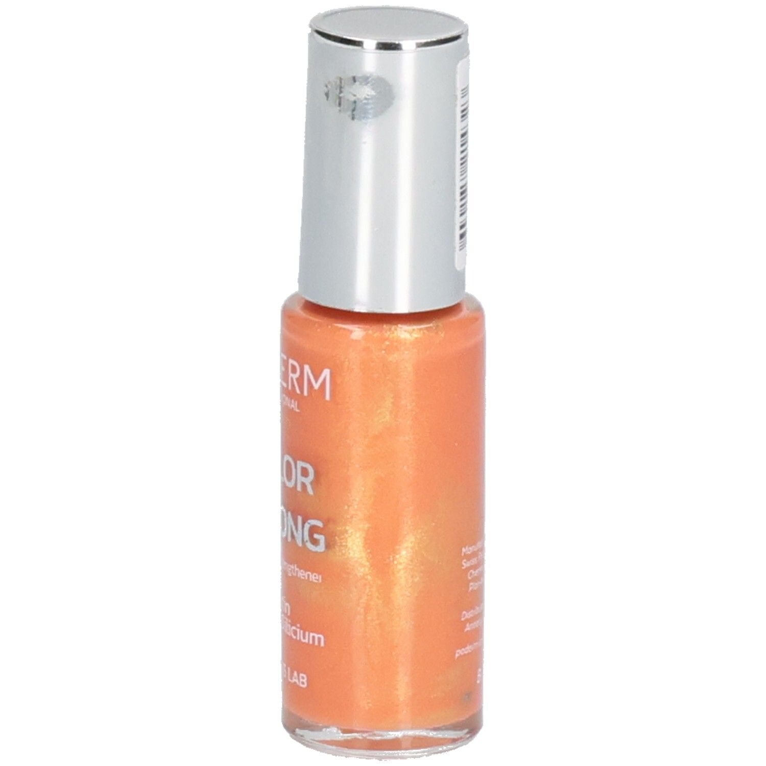 Nagellackflasche, orangefarben, mit silbernem Deckel. Aufschrift: PODERM, COLOR STRONG, Swiss Lab.