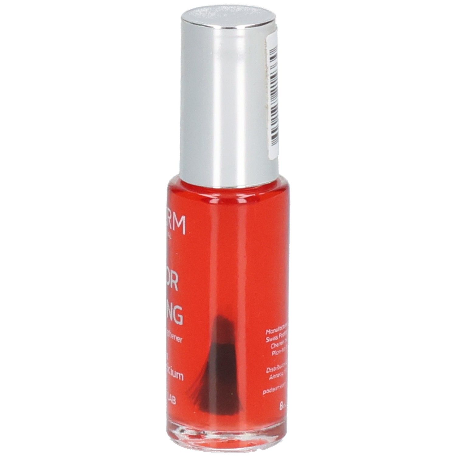 Rote Nagellackflasche mit silbernem Deckel. Pinsel im Flakon. Produktinformationen auf der Seite.