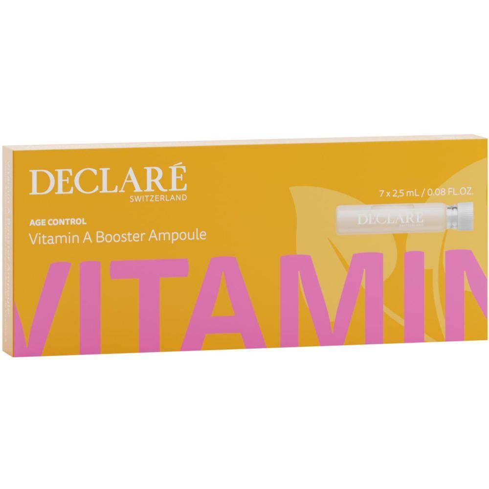 Gelbe Schachtel mit DECLARÉ Vitamin A Booster Ampullen. Rosa Schriftzug "VITAMIN". Enthält 7 Ampullen.