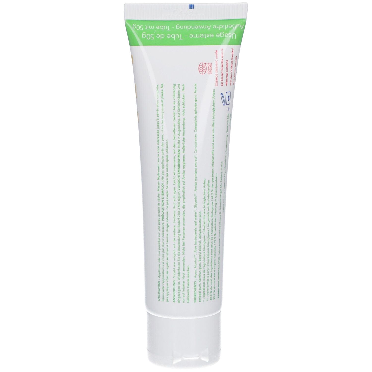 Rückseite der Tube mit ARNICA GEL. Text in mehreren Sprachen. Grün-weiße Farbgebung. Marke: schmidt nagel.