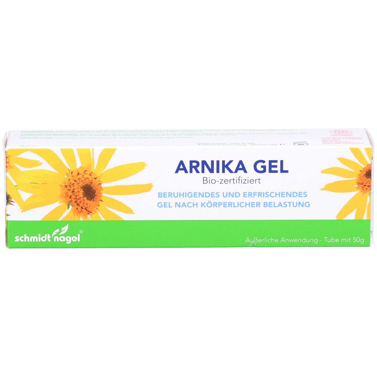 Schachtel ARNICA GEL, gelb-grünes Design, Sonnenblumen-Illustration. Bio-zertifiziert. Marke: schmidt nagel.