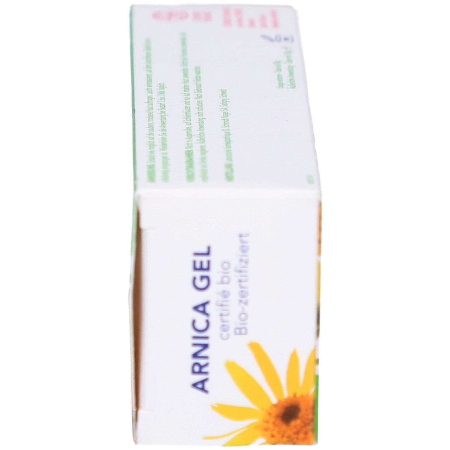 Seitenansicht der Schachtel ARNICA GEL. Gelb-grünes Design, Sonnenblumen-Illustration. Bio-zertifiziert. Marke: schmidt nagel.