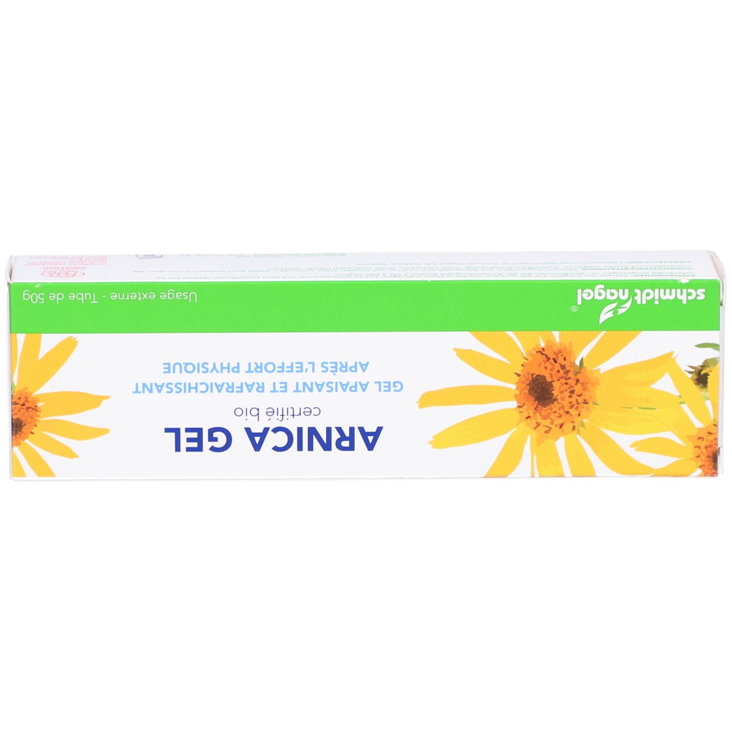 Schachtel ARNICA GEL, gelb-grünes Design, Sonnenblumen-Illustration. Bio-zertifiziert. Marke: schmidt nagel.