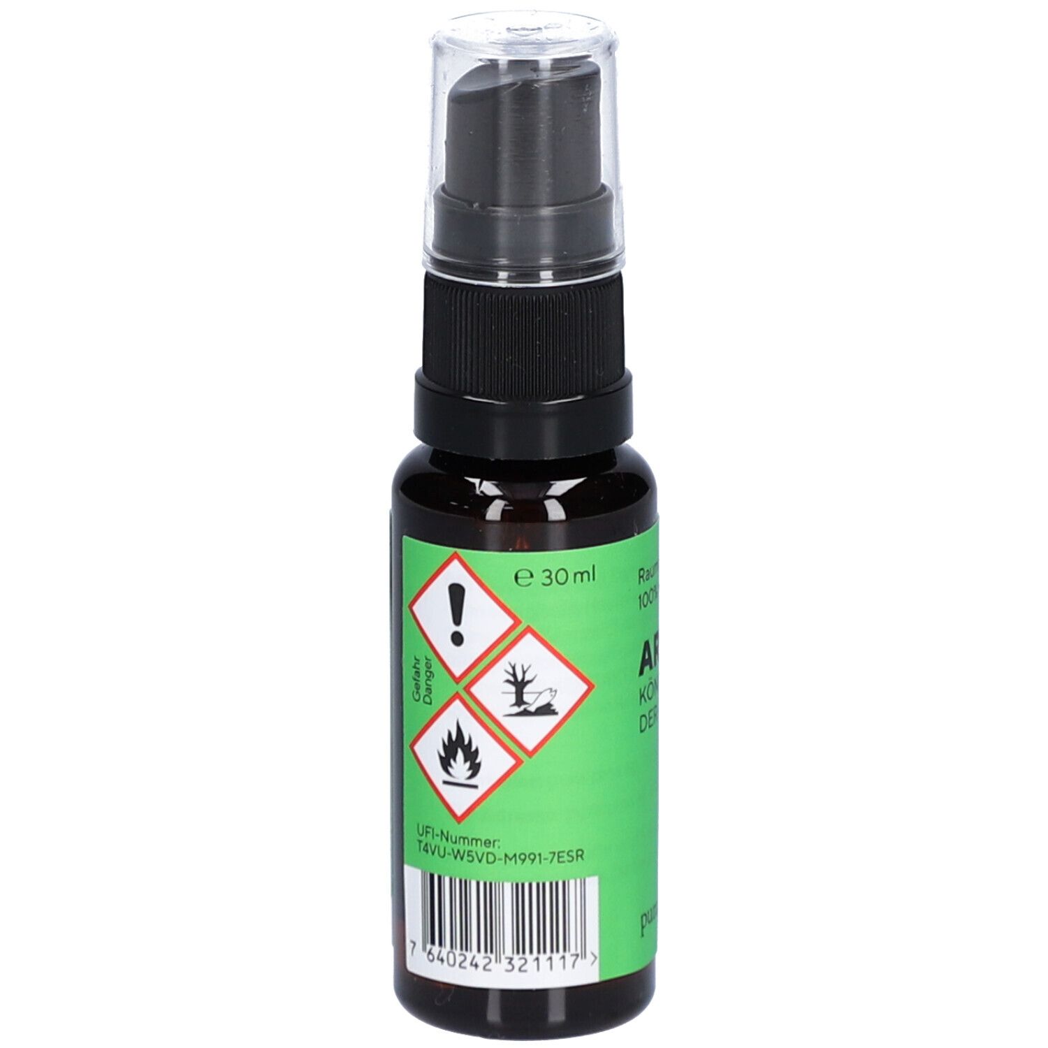 Braune Glasflasche mit schwarzem Sprühkopf. Grün-weißes Etikett mit Gefahrensymbolen und Text. E 30ml.