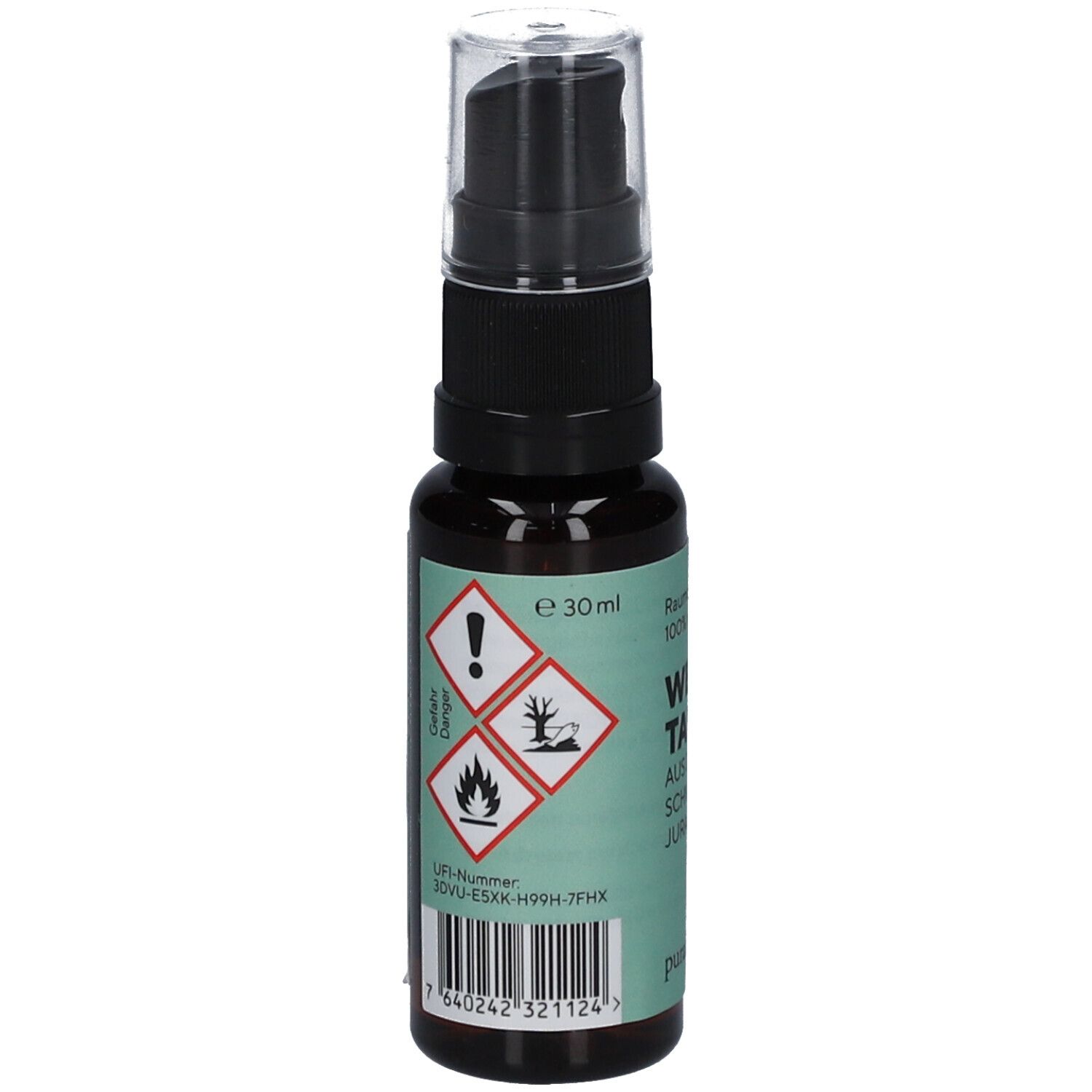 Braune Glasflasche mit schwarzem Sprühkopf. Aufschrift: e 30ml. Gefahrensymbole. Barcode und Chargennummer.