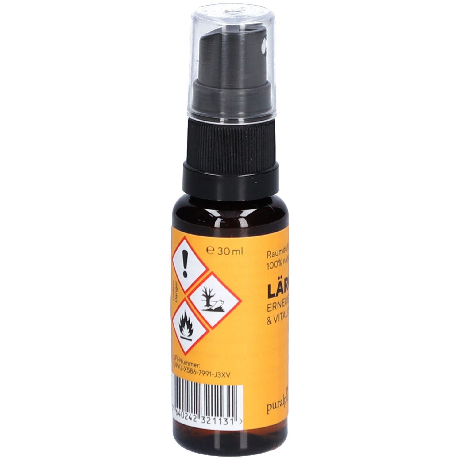 Braune Glasflasche mit Sprühkopf. Etikett mit Warnsymbolen und Text: Lärche, Erneuerung & Vitalität. 30 ml.