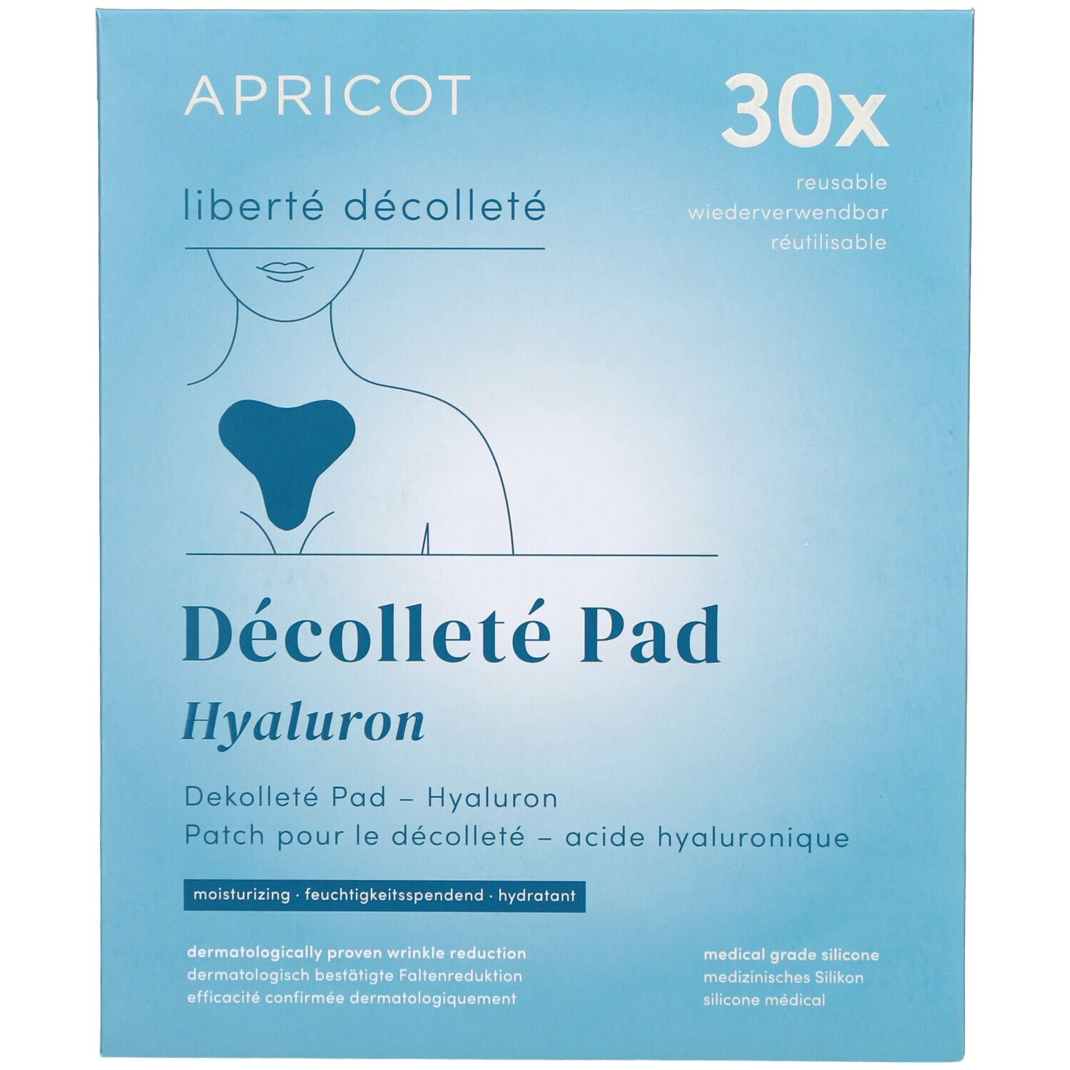 Blau-weiße Verpackung mit Produktname und -beschreibung. Enthält 30 wiederverwendbare Pads. Medizinische Silikon-Pads.